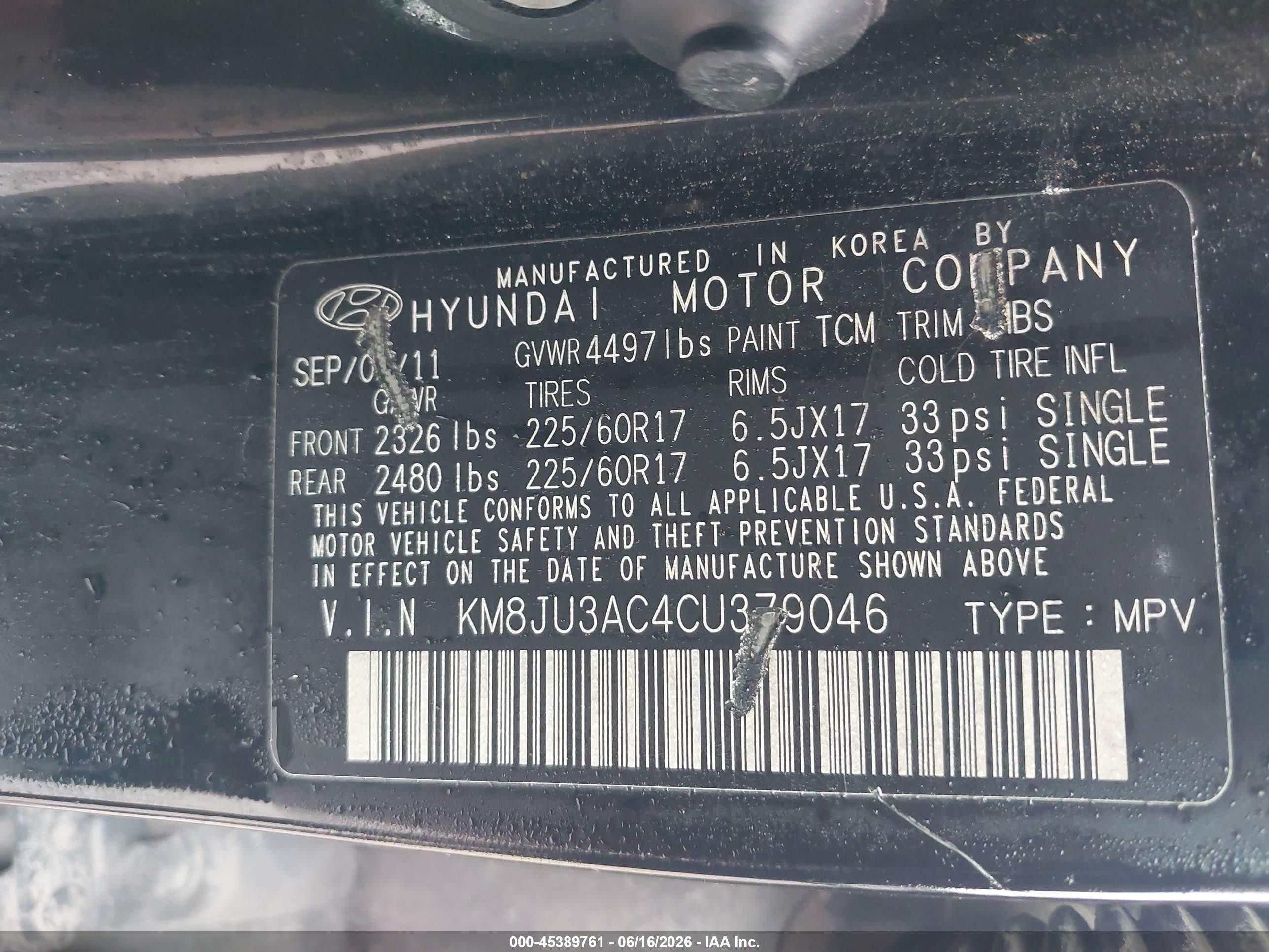 2012 Hyundai Tucson Gls Black vin: KM8JU3AC4CU379046
