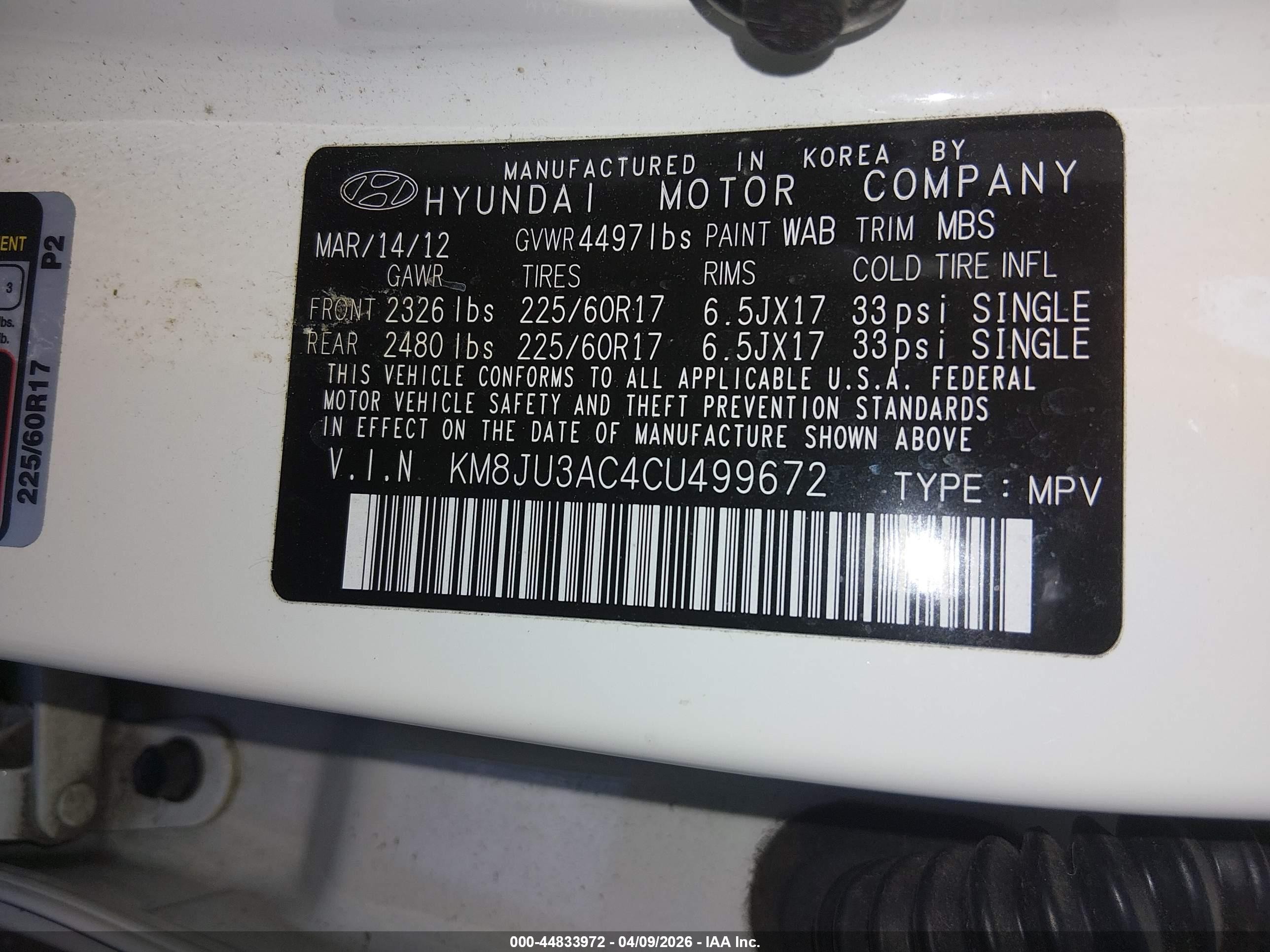2012 Hyundai Tucson Gls White vin: KM8JU3AC4CU499672