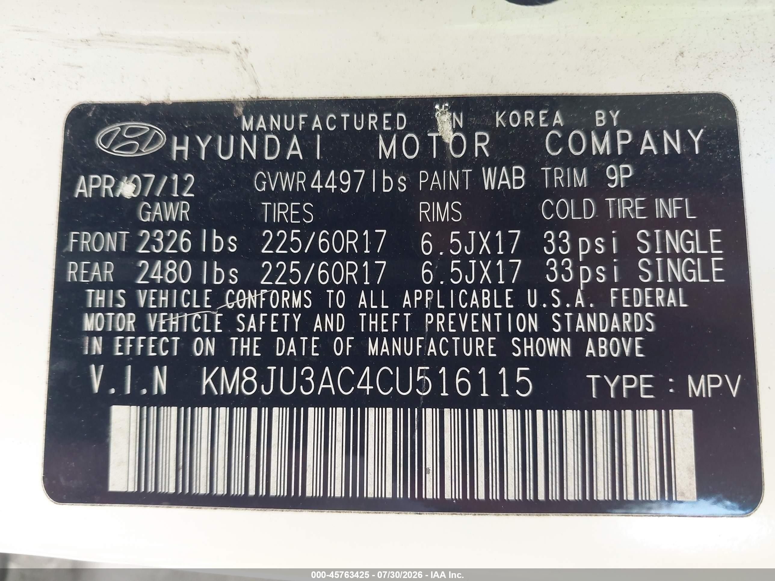 2012 Hyundai Tucson Gls White vin: KM8JU3AC4CU516115