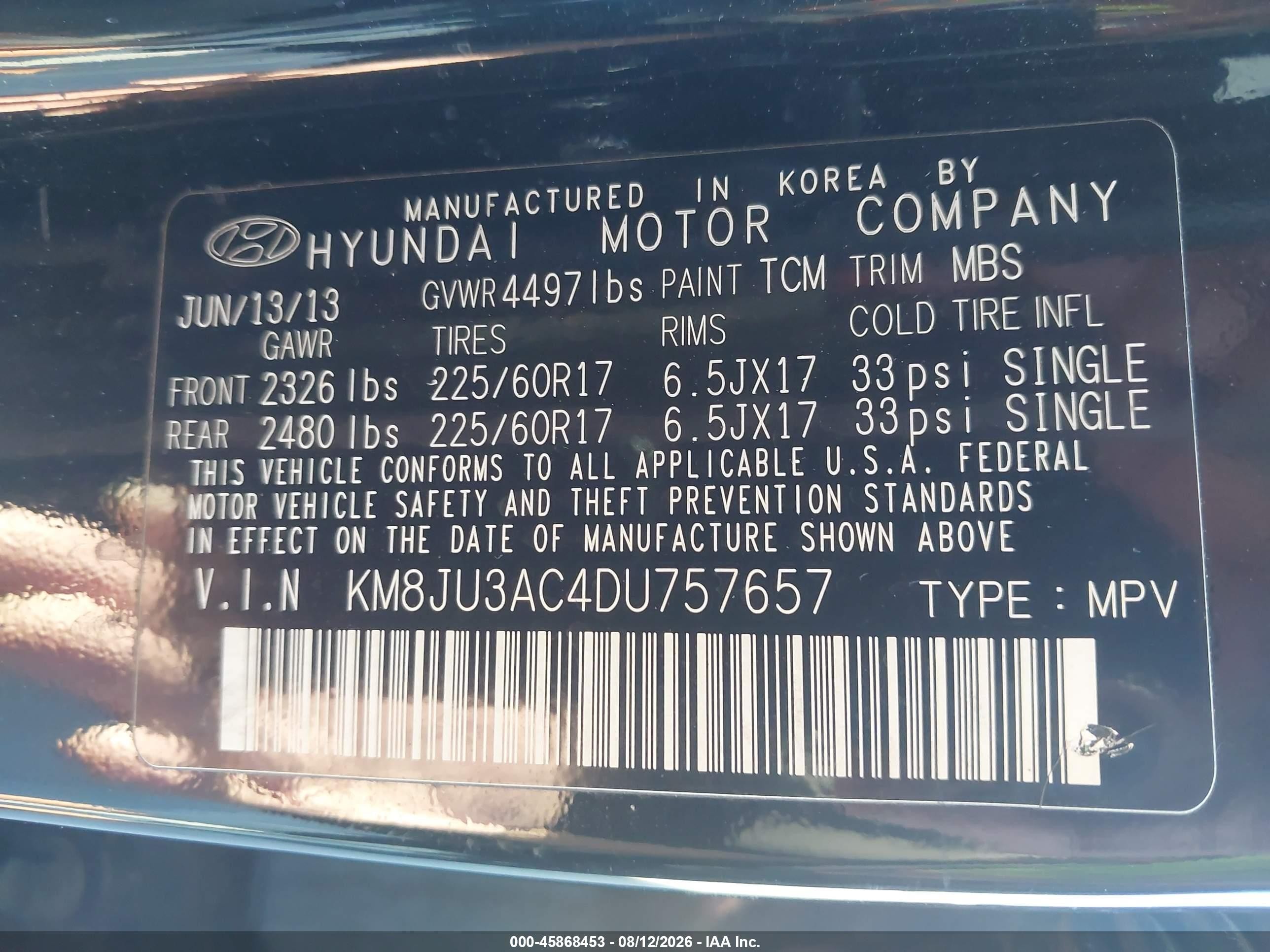 2013 Hyundai Tucson Gls Black vin: KM8JU3AC4DU757657