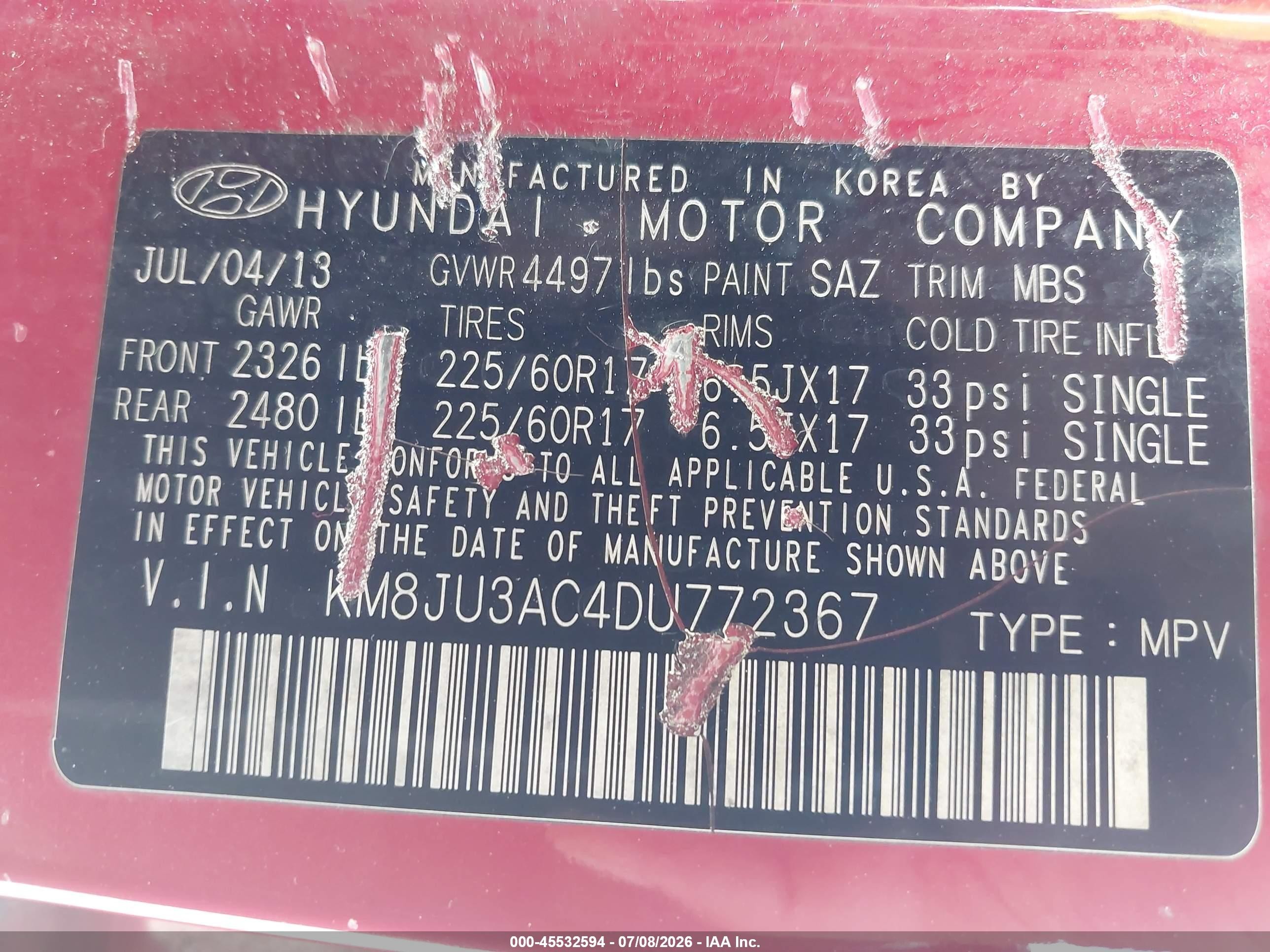 2013 Hyundai Tucson Gls Красный vin: KM8JU3AC4DU772367