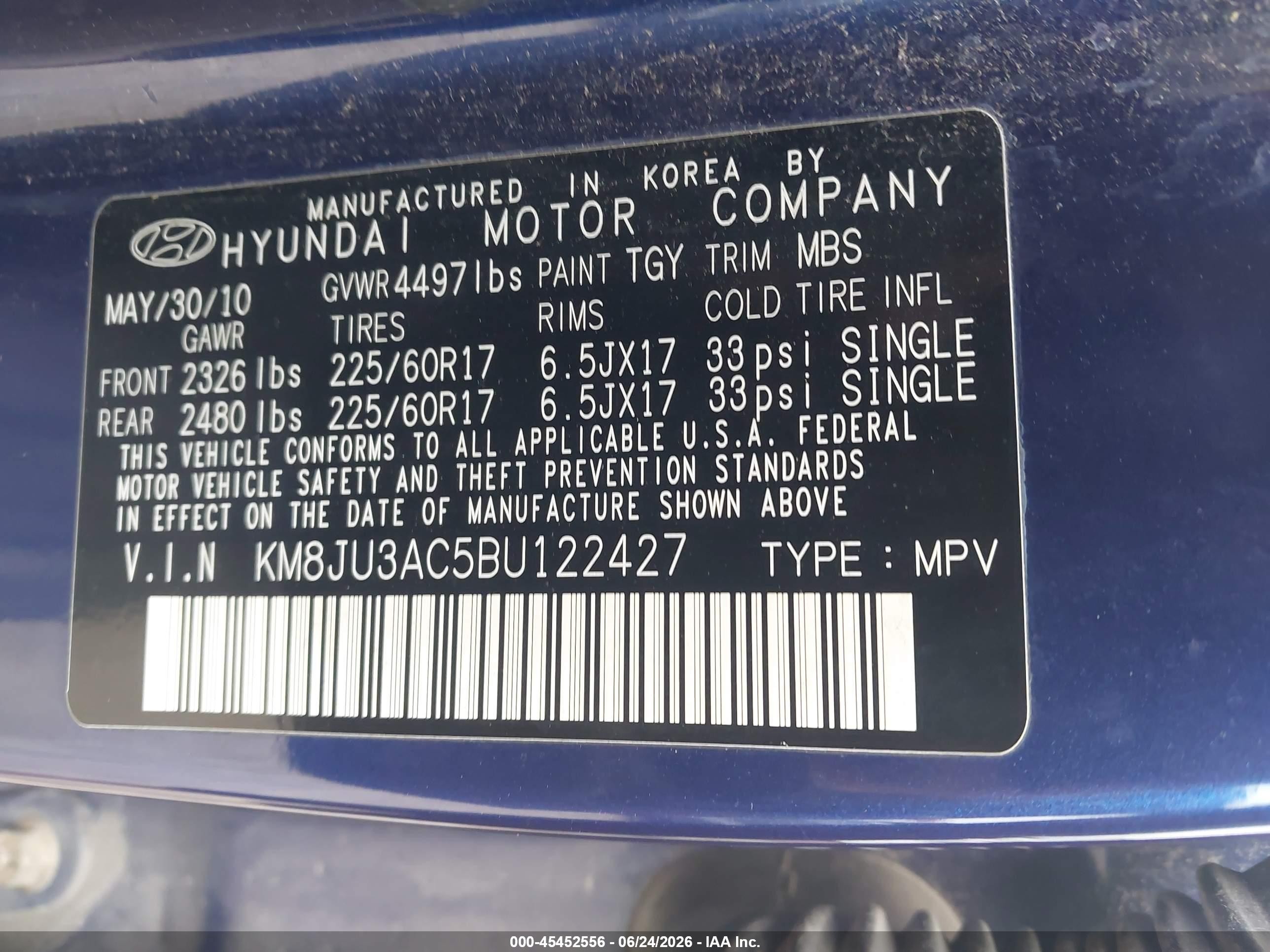 2011 Hyundai Tucson Gls Blue vin: KM8JU3AC5BU122427