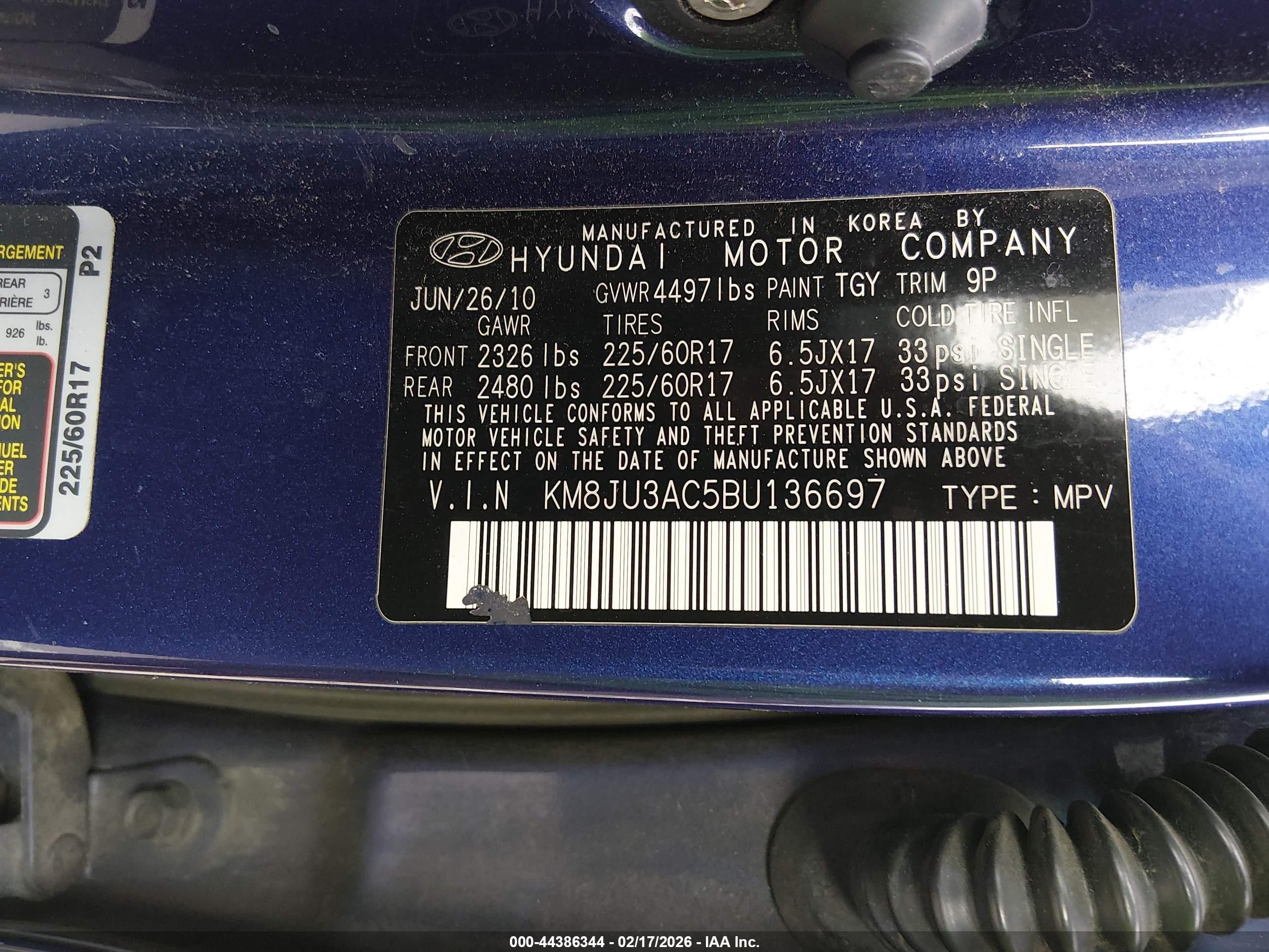 2011 Hyundai Tucson Gls Blue vin: KM8JU3AC5BU136697