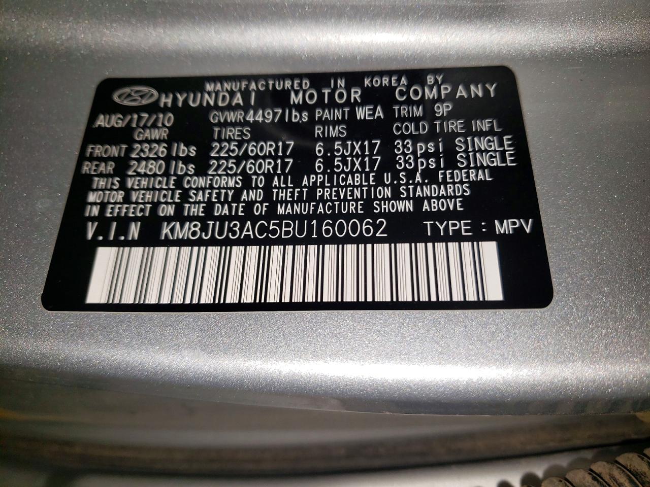 2011 Hyundai Tucson Gls Silver vin: KM8JU3AC5BU160062