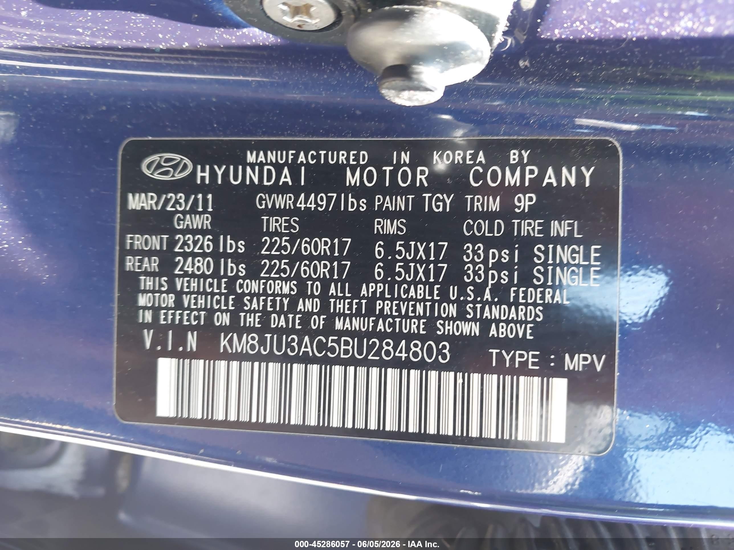 2011 Hyundai Tucson Gls Blue vin: KM8JU3AC5BU284803