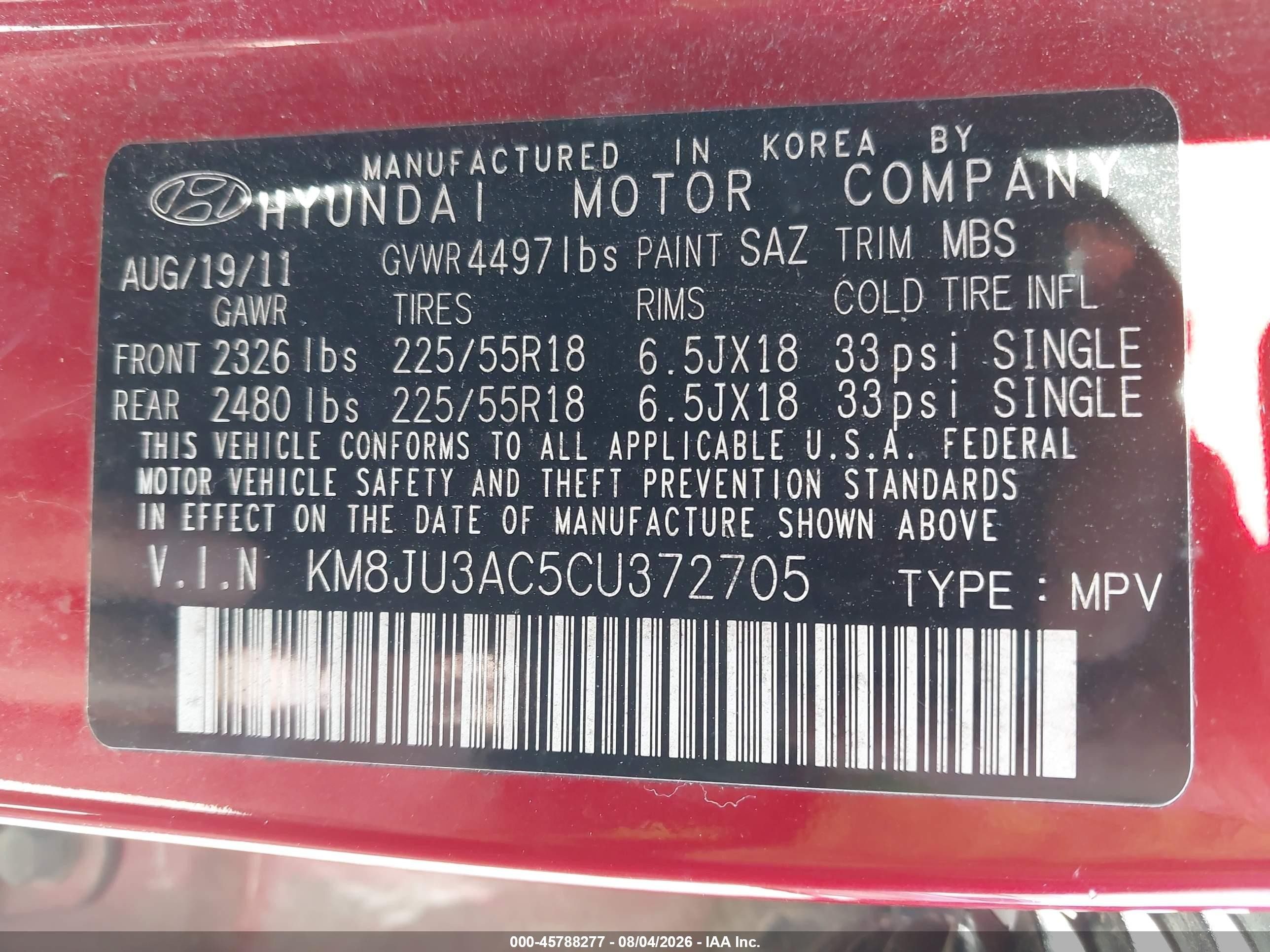 2012 Hyundai Tucson Limited Red vin: KM8JU3AC5CU372705