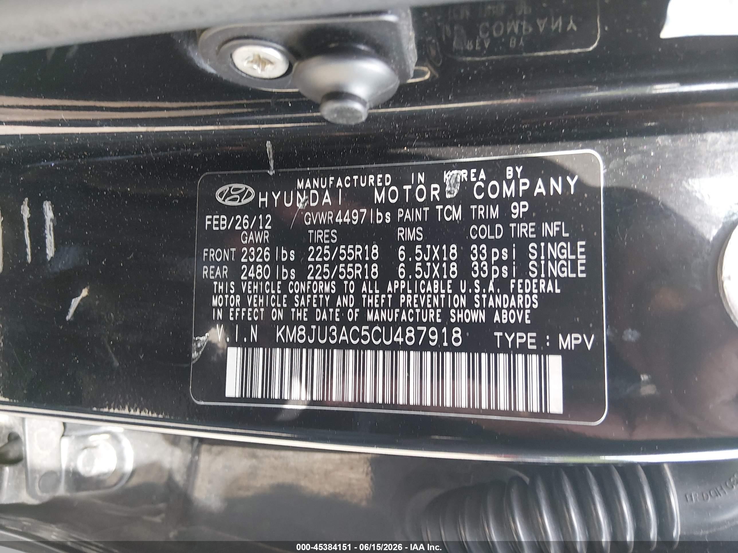 2012 Hyundai Tucson Limited Black vin: KM8JU3AC5CU487918