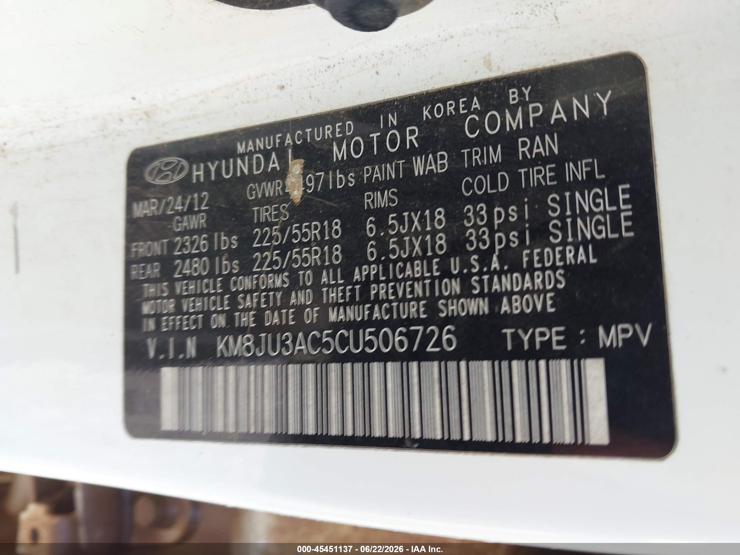 2012 Hyundai Tucson Limited White vin: KM8JU3AC5CU506726