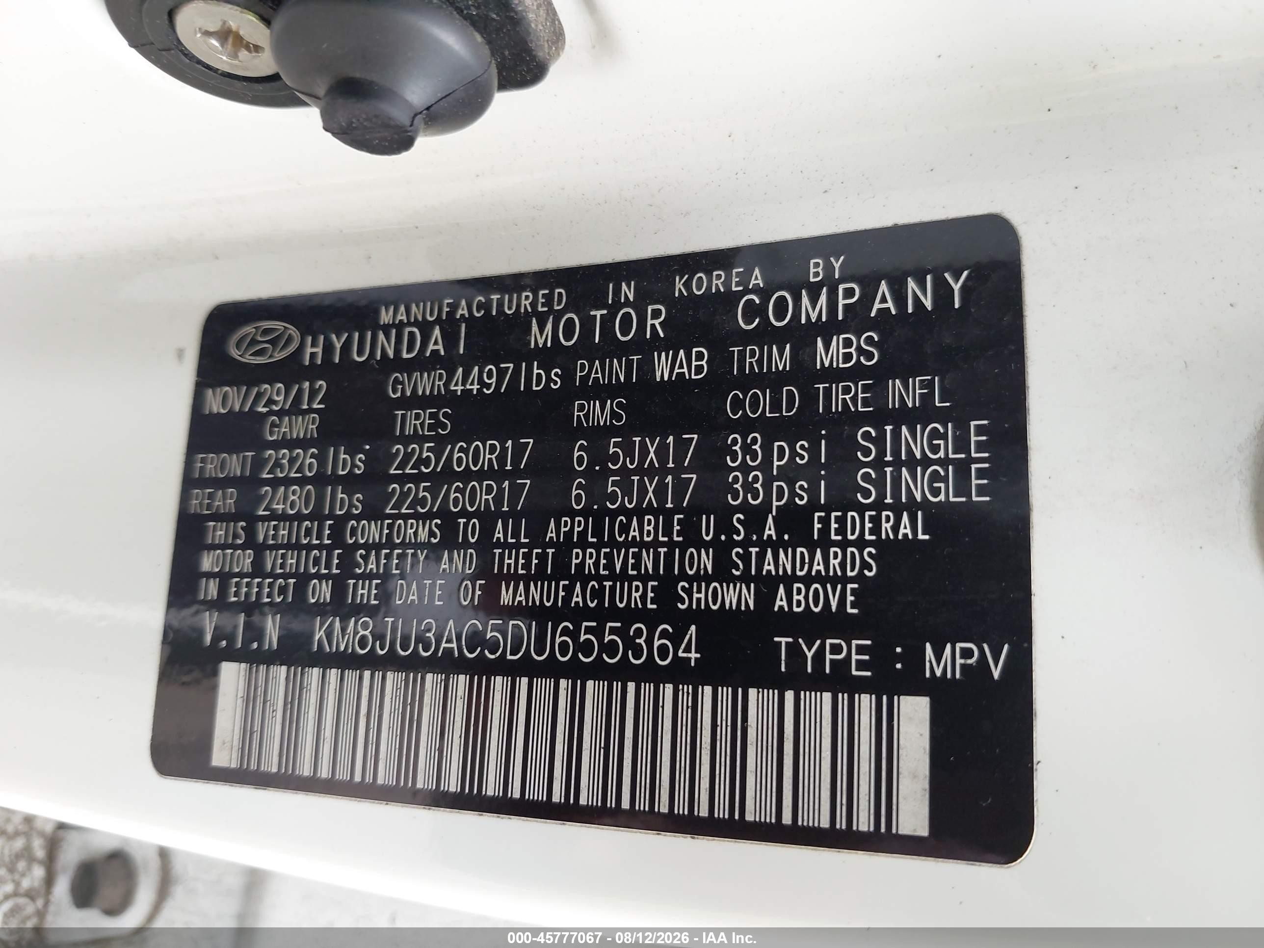 2013 Hyundai Tucson Gls White vin: KM8JU3AC5DU655364