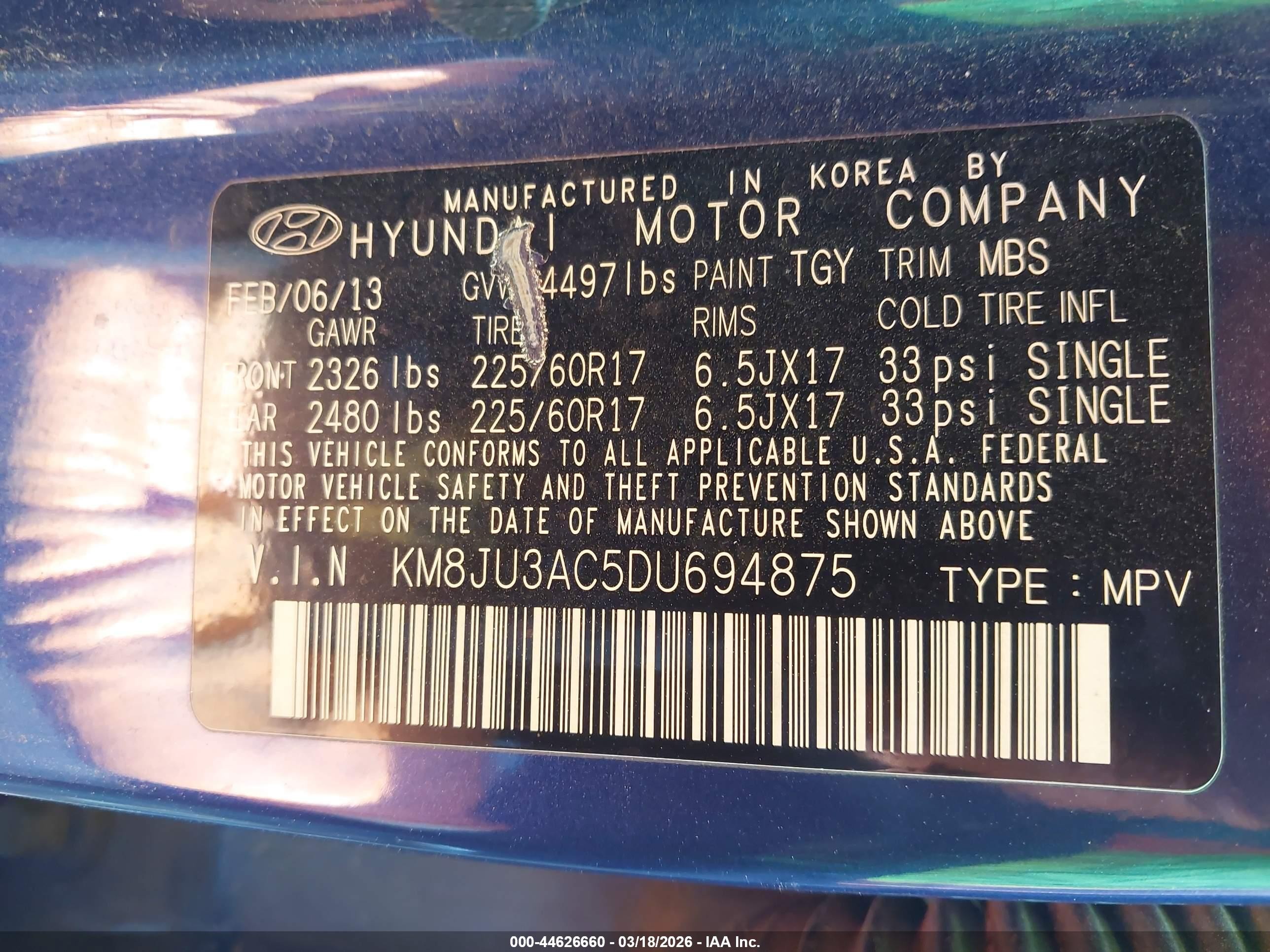 2013 Hyundai Tucson Gls Синий vin: KM8JU3AC5DU694875