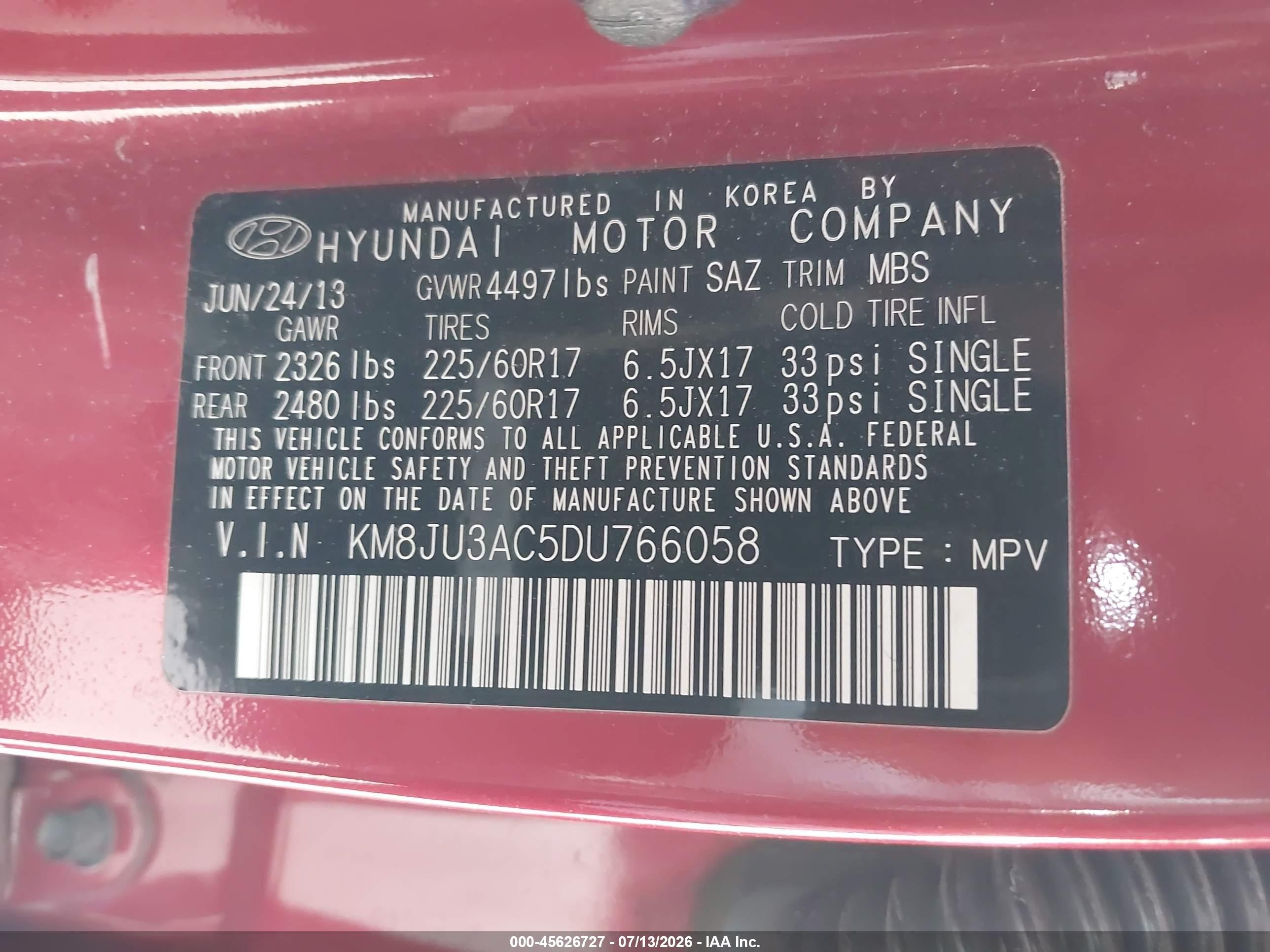 2013 Hyundai Tucson Gls Красный vin: KM8JU3AC5DU766058
