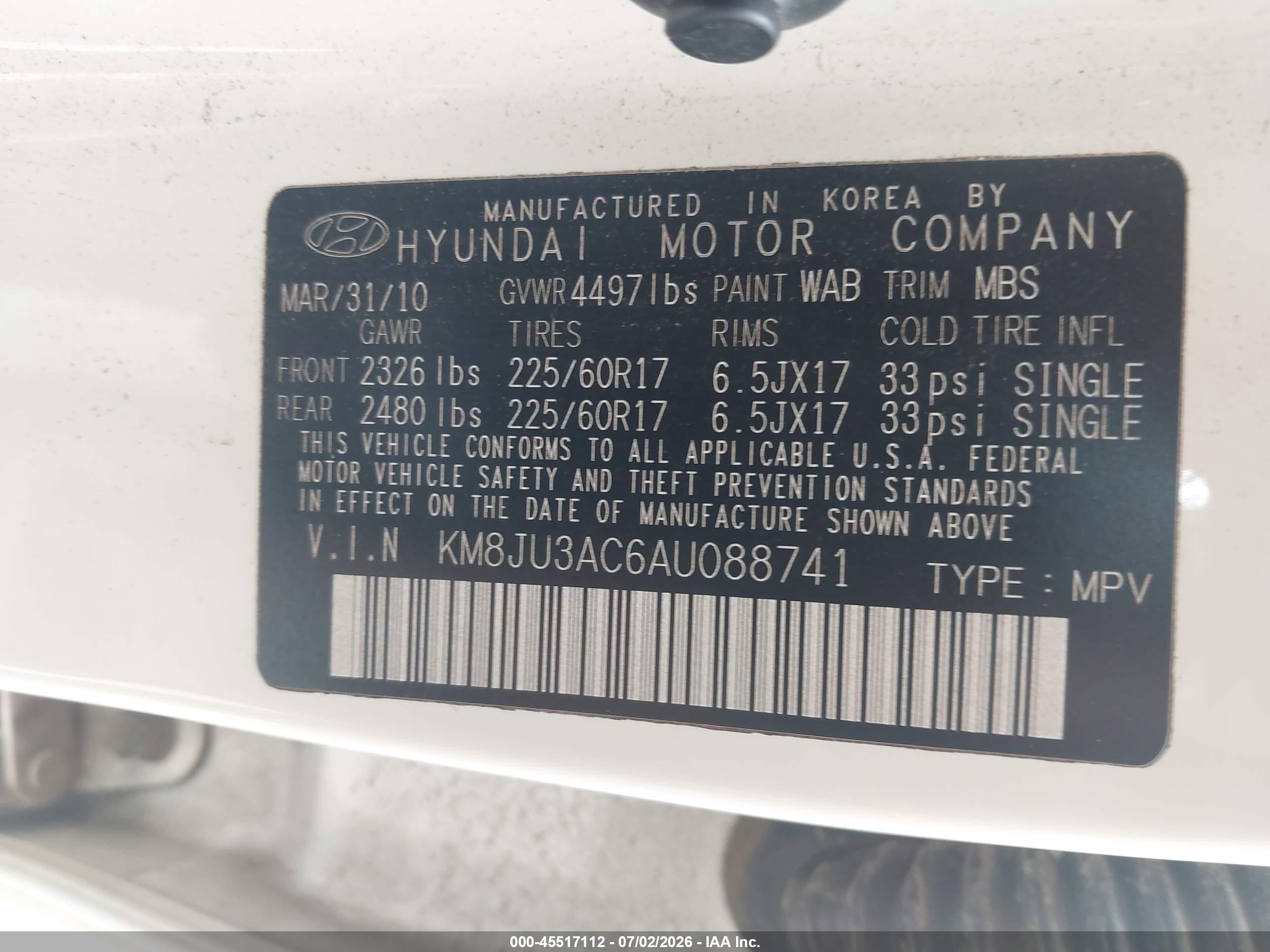 2010 Hyundai Tucson Gls White vin: KM8JU3AC6AU088741