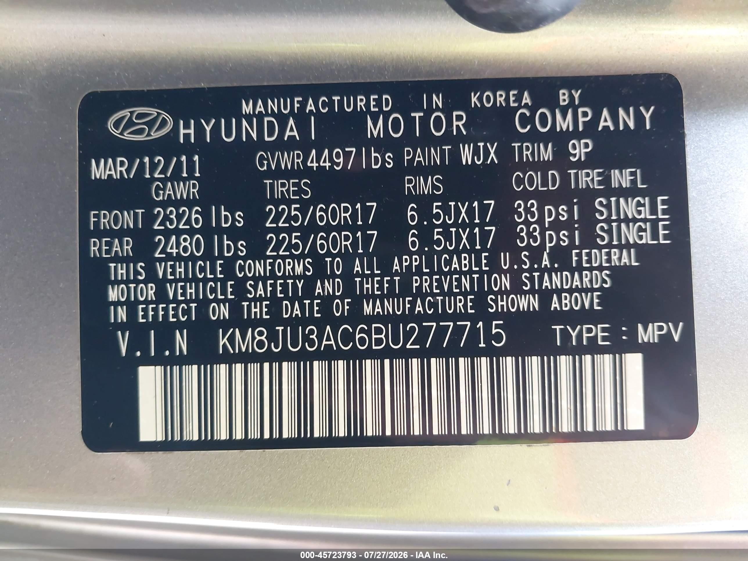 2011 Hyundai Tucson Gls Silver vin: KM8JU3AC6BU277715