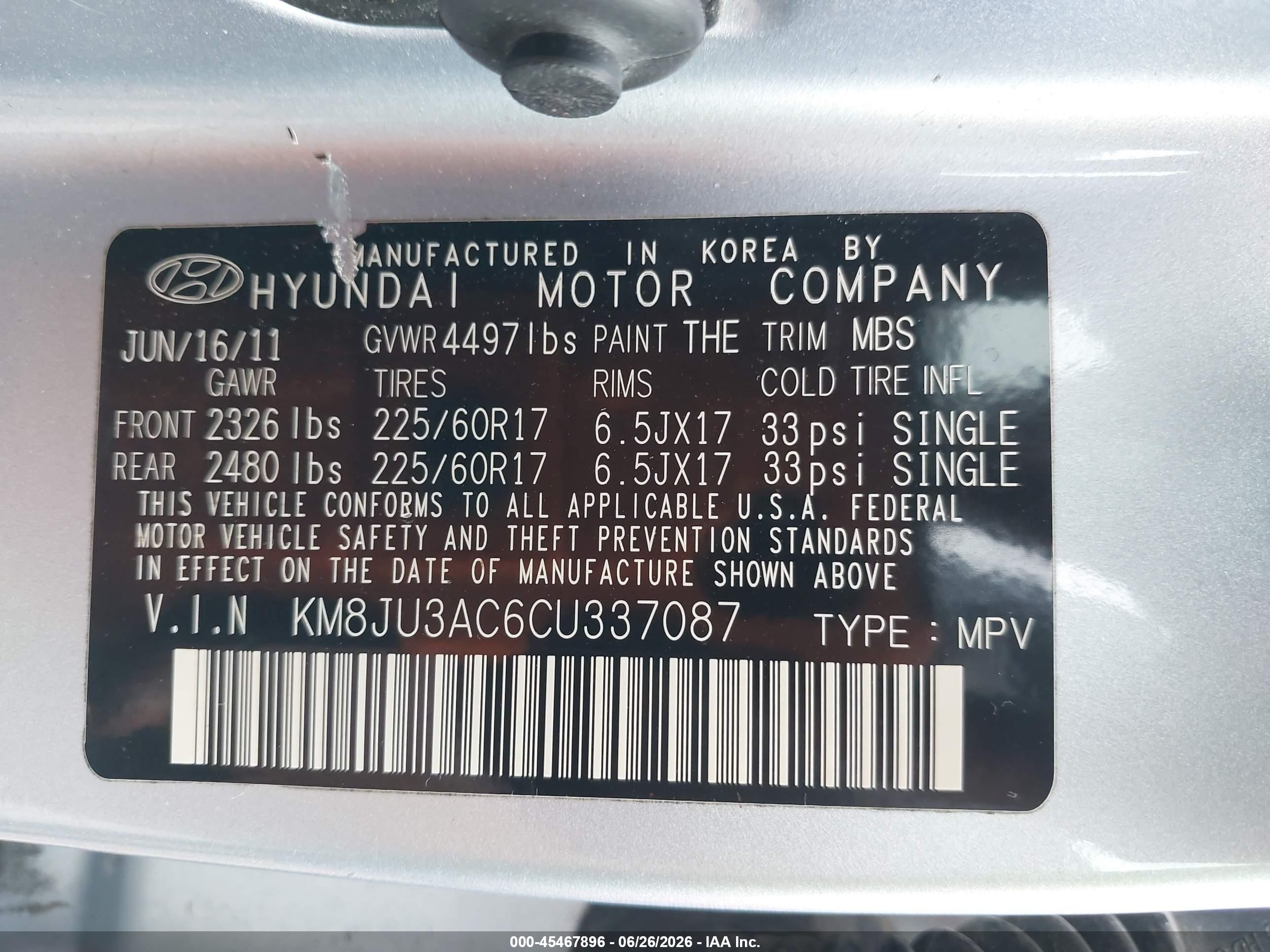 2012 Hyundai Tucson Gls Light Blue vin: KM8JU3AC6CU337087