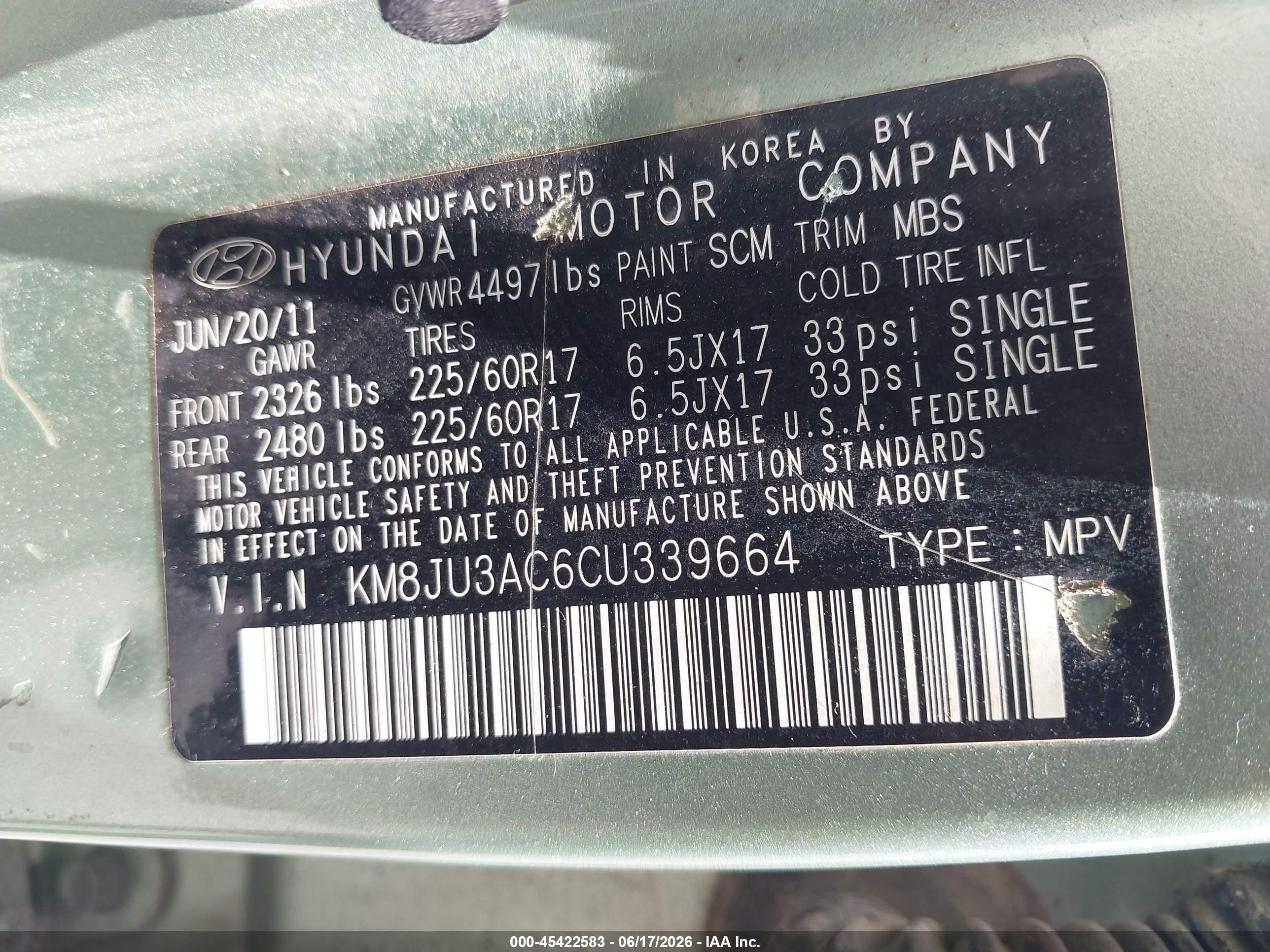 2012 Hyundai Tucson Gls Green vin: KM8JU3AC6CU339664