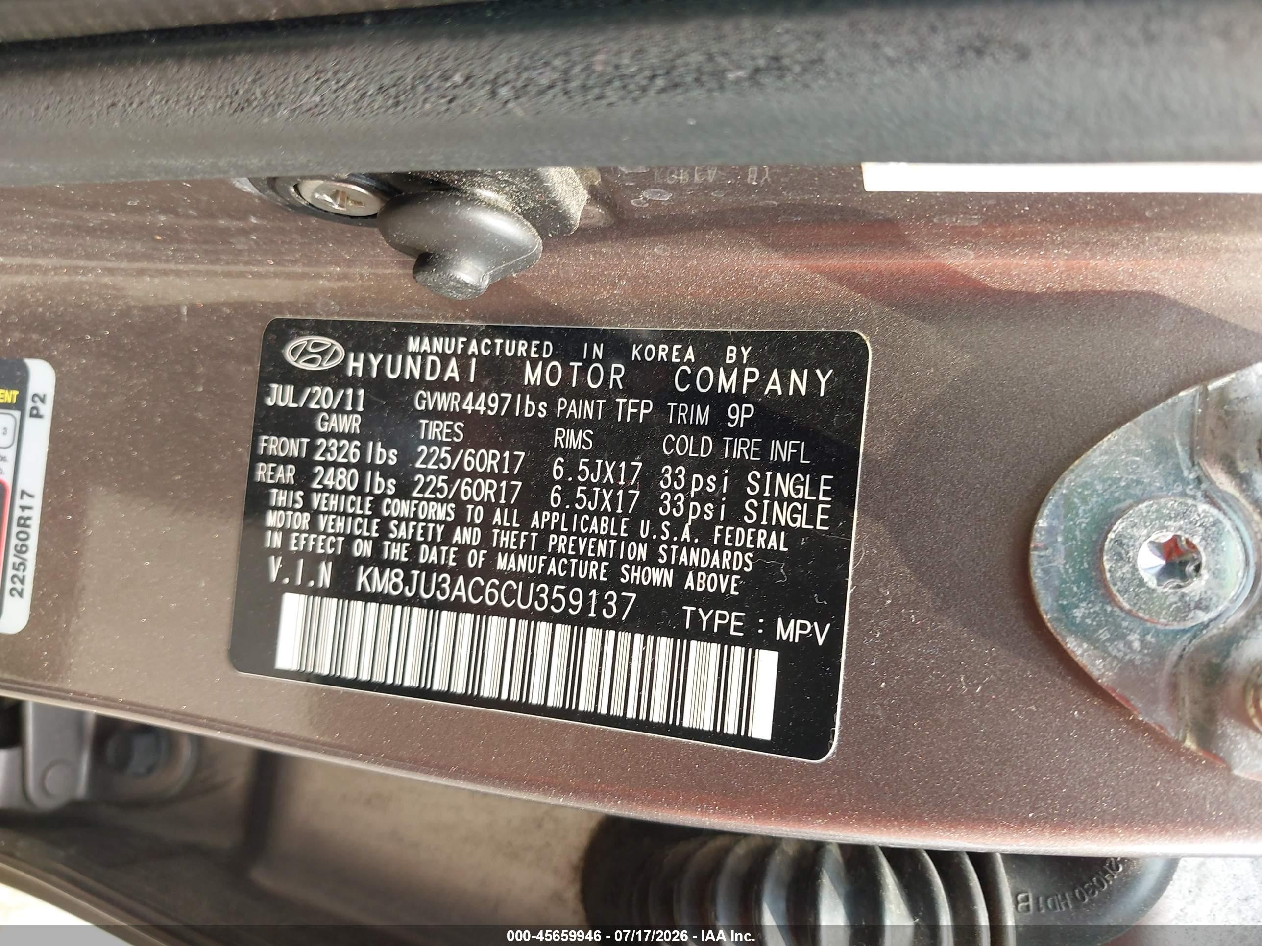 2012 Hyundai Tucson Gls Gold vin: KM8JU3AC6CU359137