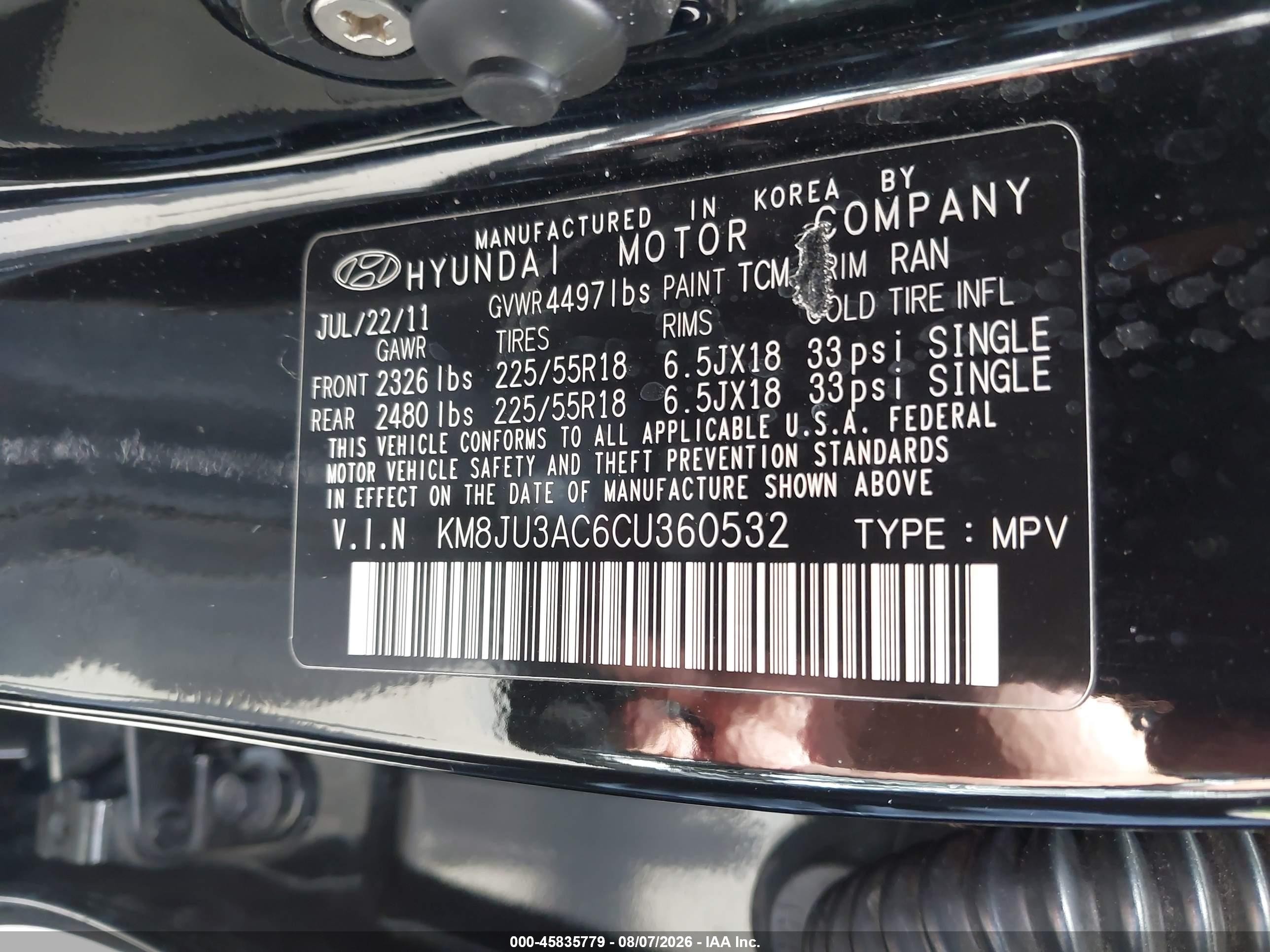 2012 Hyundai Tucson Limited Black vin: KM8JU3AC6CU360532