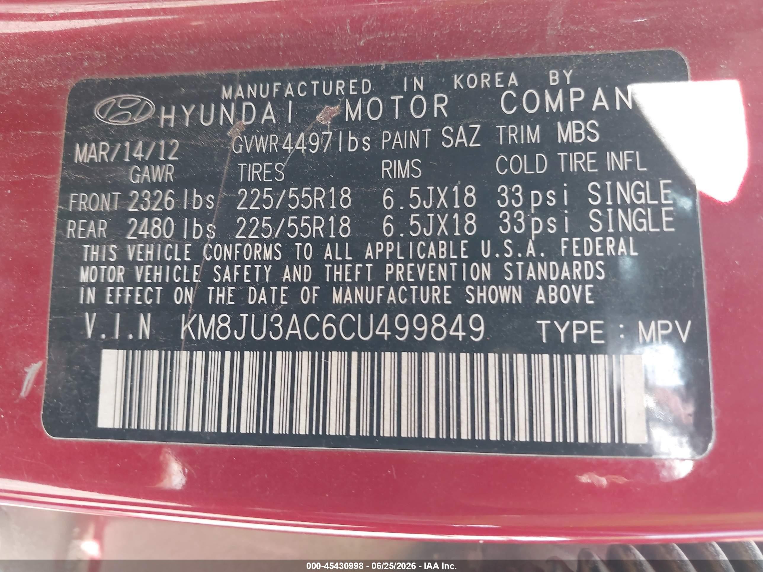 2012 Hyundai Tucson Limited Burgundy vin: KM8JU3AC6CU499849