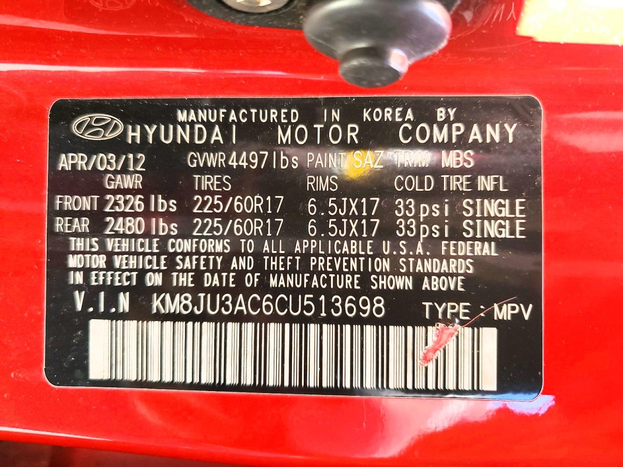 2012 Hyundai Tucson Gls Красный vin: KM8JU3AC6CU513698