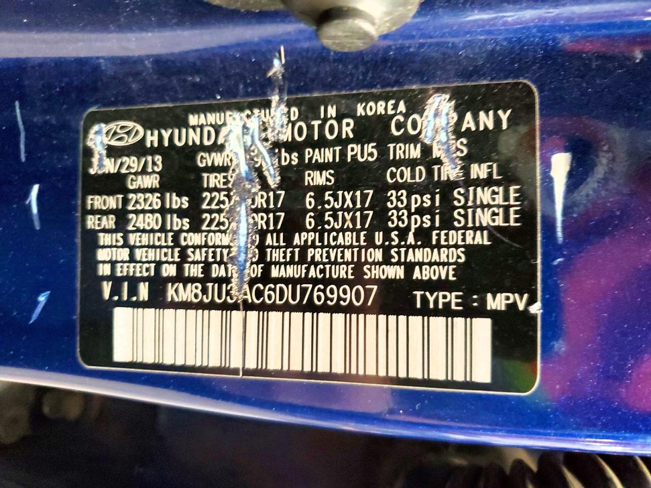 2013 Hyundai Tucson Gls Blue vin: KM8JU3AC6DU769907