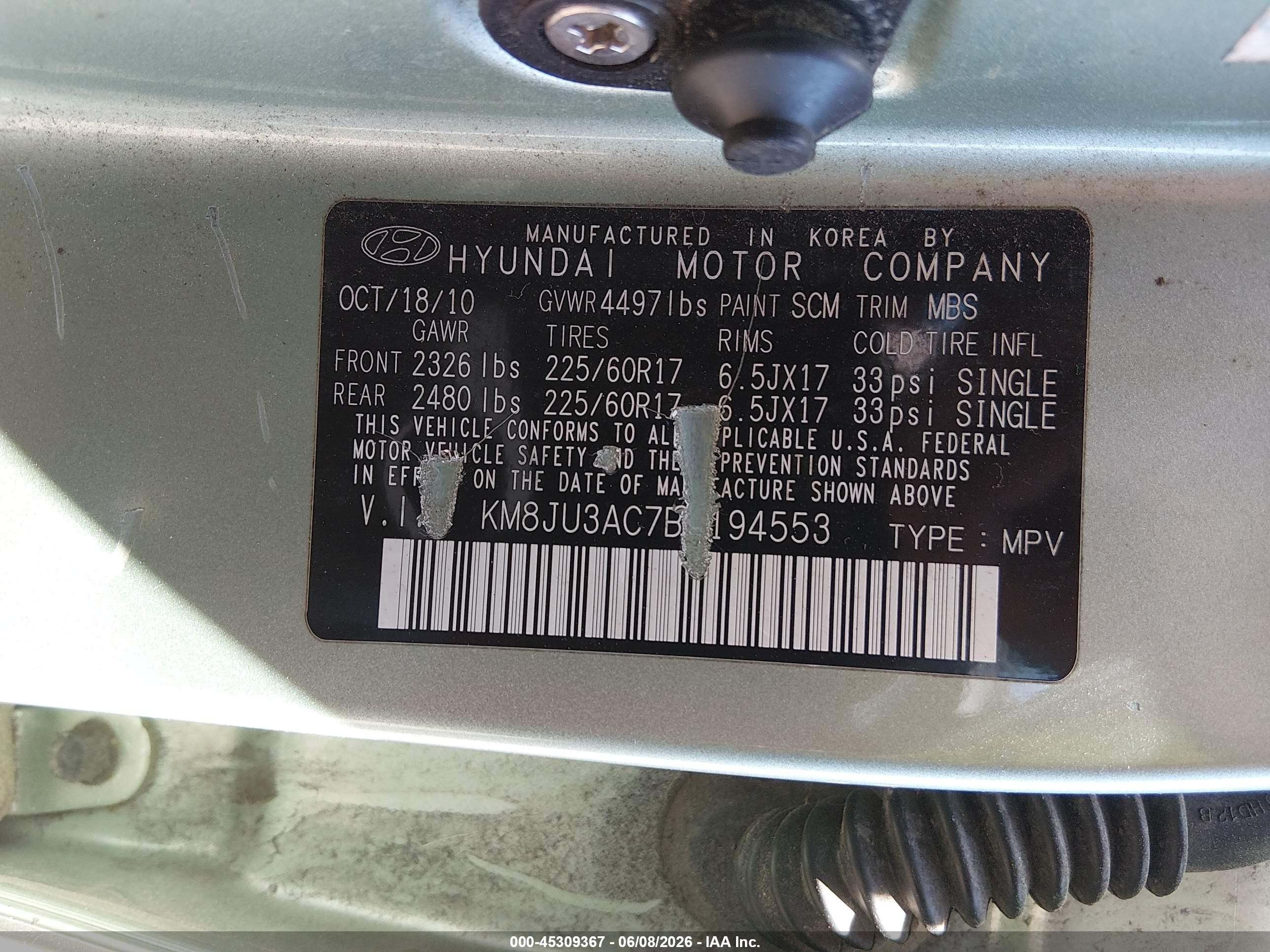 2011 Hyundai Tucson Gls Green vin: KM8JU3AC7BU194553