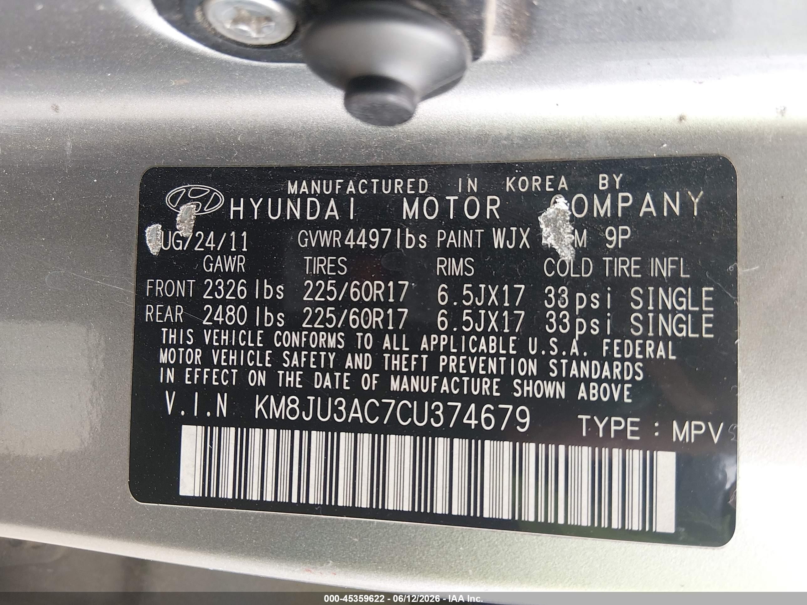 2012 Hyundai Tucson Gls Gray vin: KM8JU3AC7CU374679