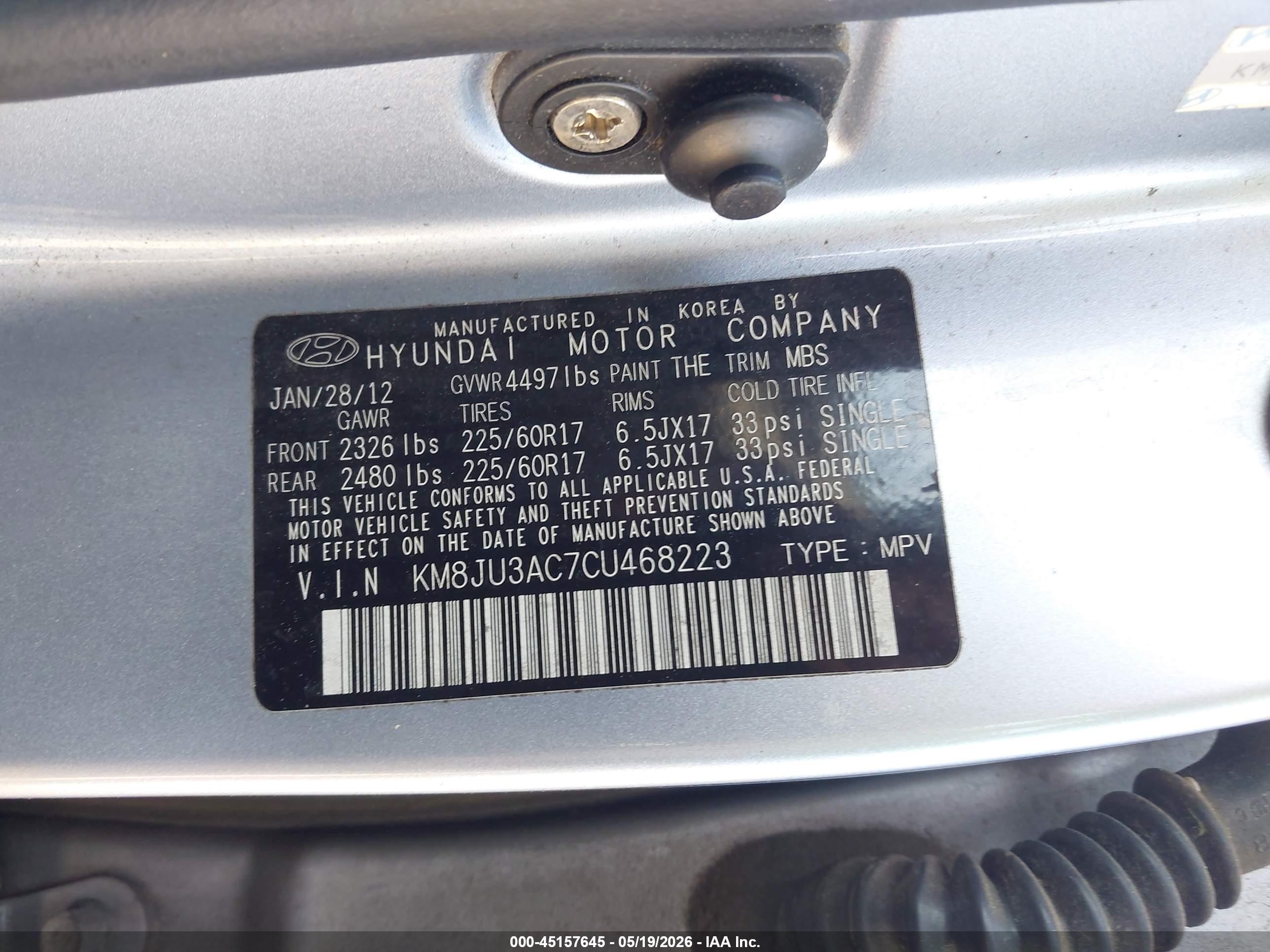 2012 Hyundai Tucson Gls Silver vin: KM8JU3AC7CU468223