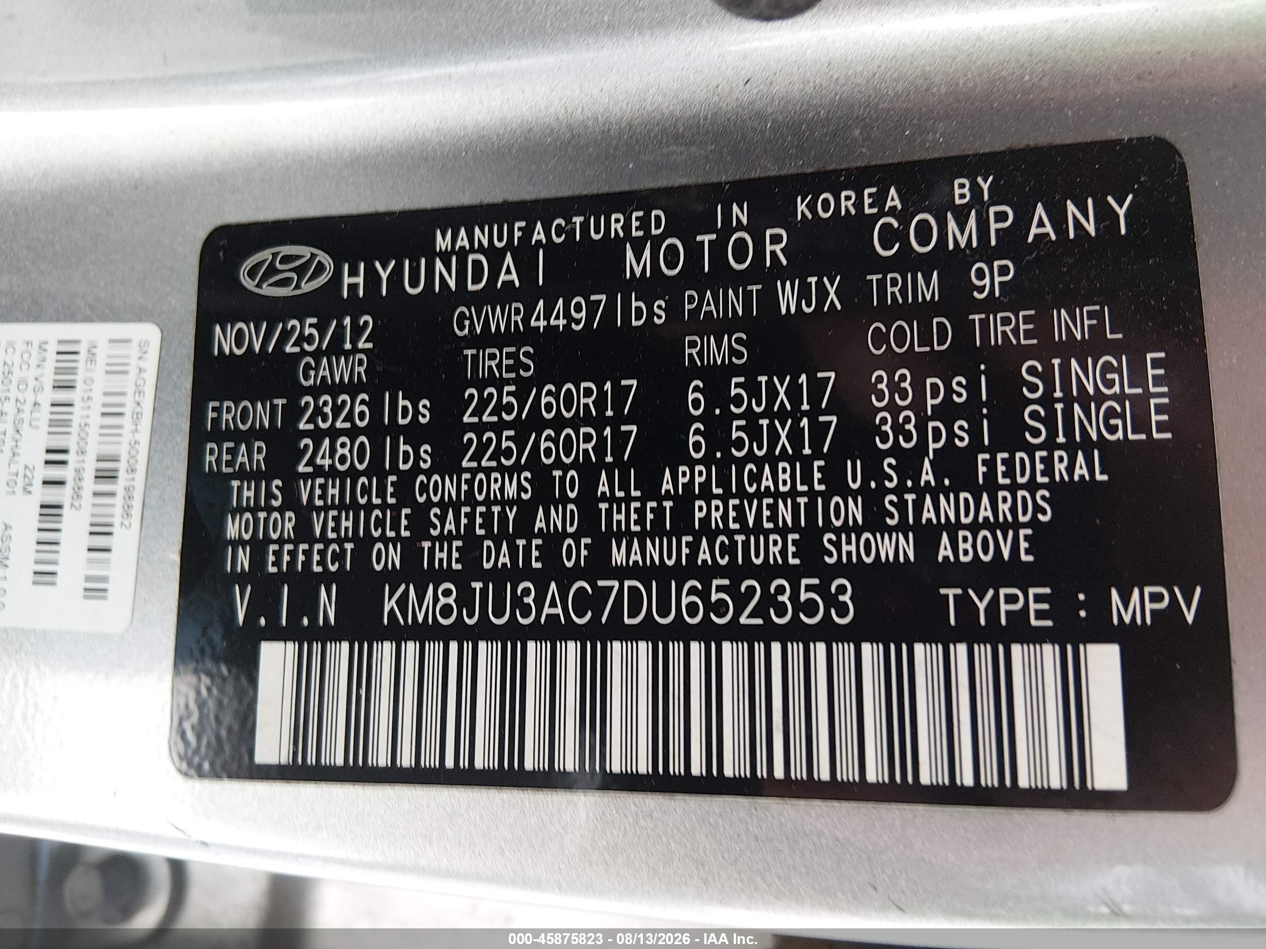2013 Hyundai Tucson Gls Gray vin: KM8JU3AC7DU652353