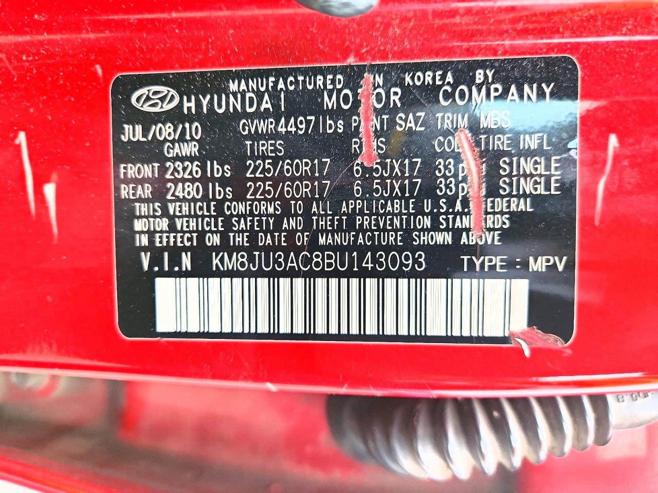 2011 Hyundai Tucson Gls Red vin: KM8JU3AC8BU143093