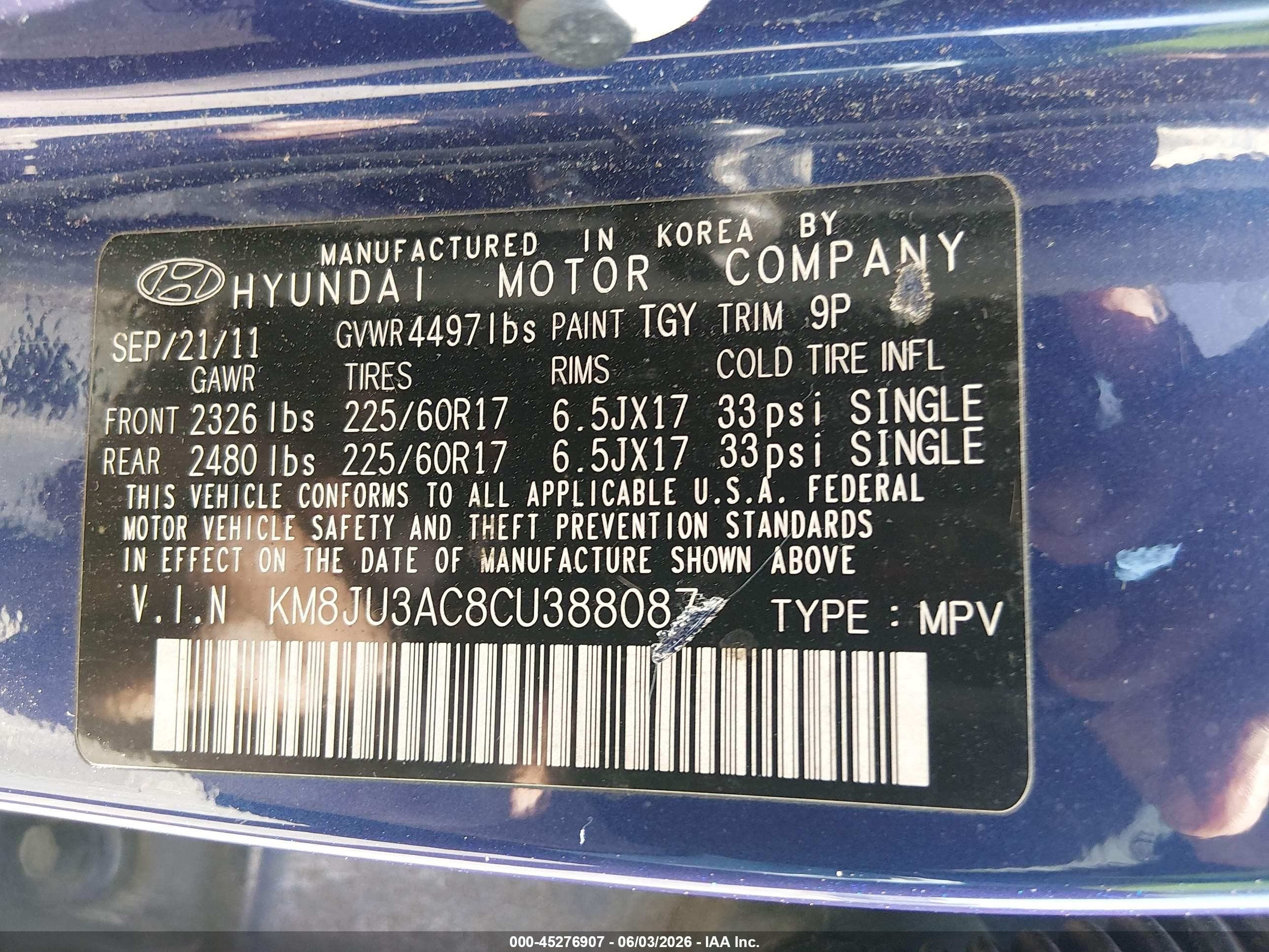 2012 Hyundai Tucson Gls Синий vin: KM8JU3AC8CU388087