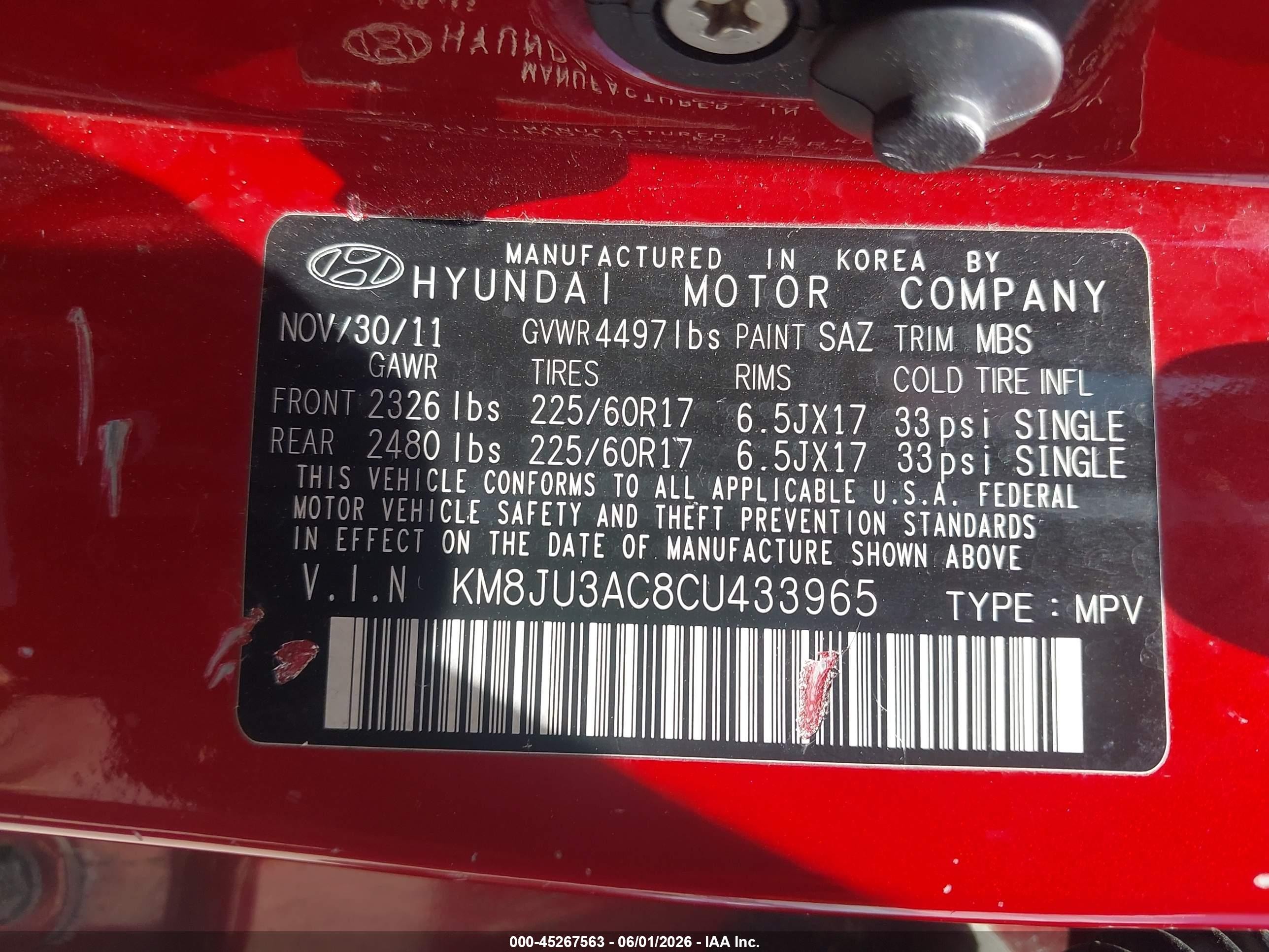 2012 Hyundai Tucson Gls Red vin: KM8JU3AC8CU433965
