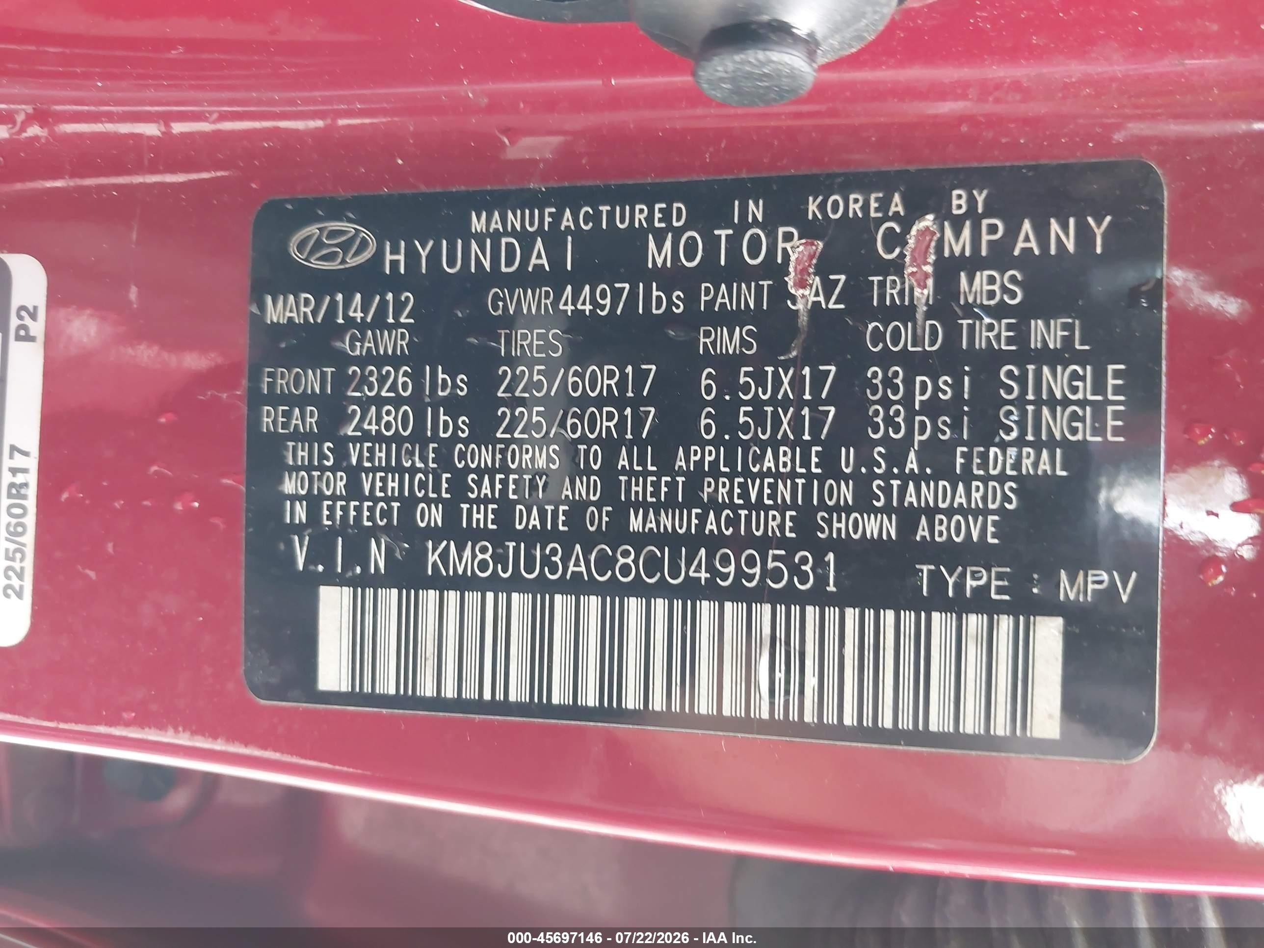 2012 Hyundai Tucson Gls Красный vin: KM8JU3AC8CU499531