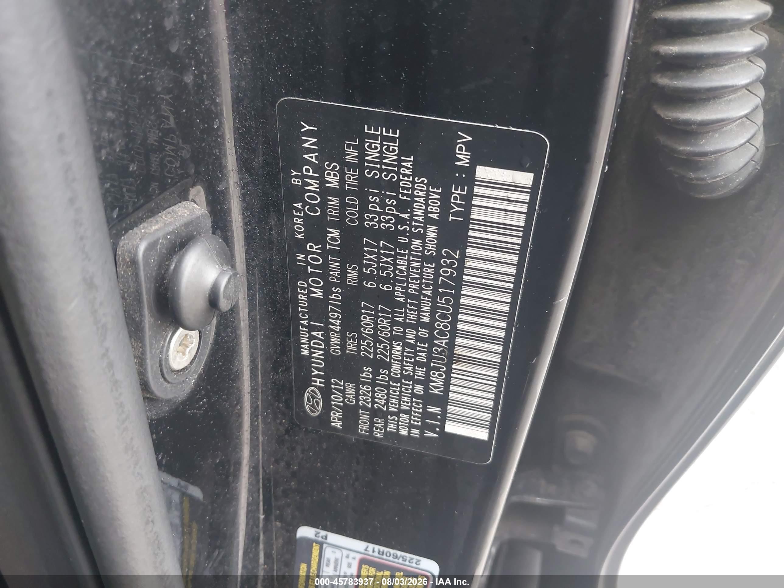 2012 Hyundai Tucson Gls Черный vin: KM8JU3AC8CU517932