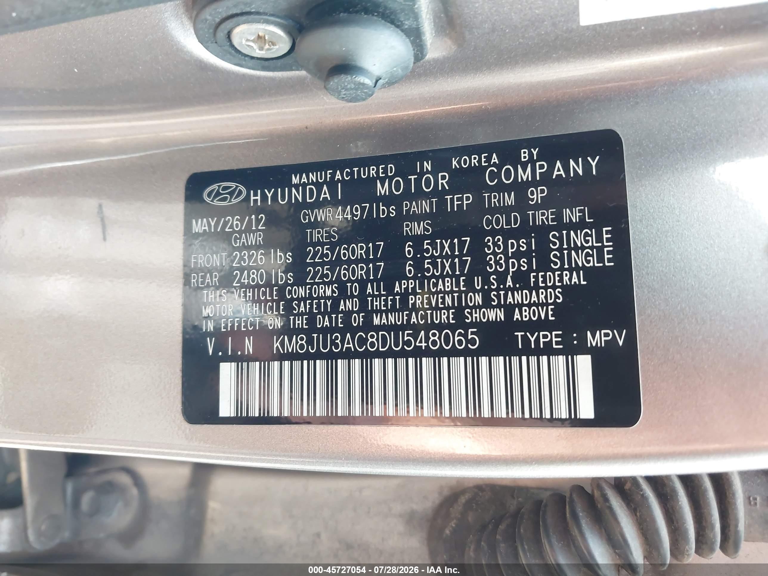 2013 Hyundai Tucson Gls Tan vin: KM8JU3AC8DU548065