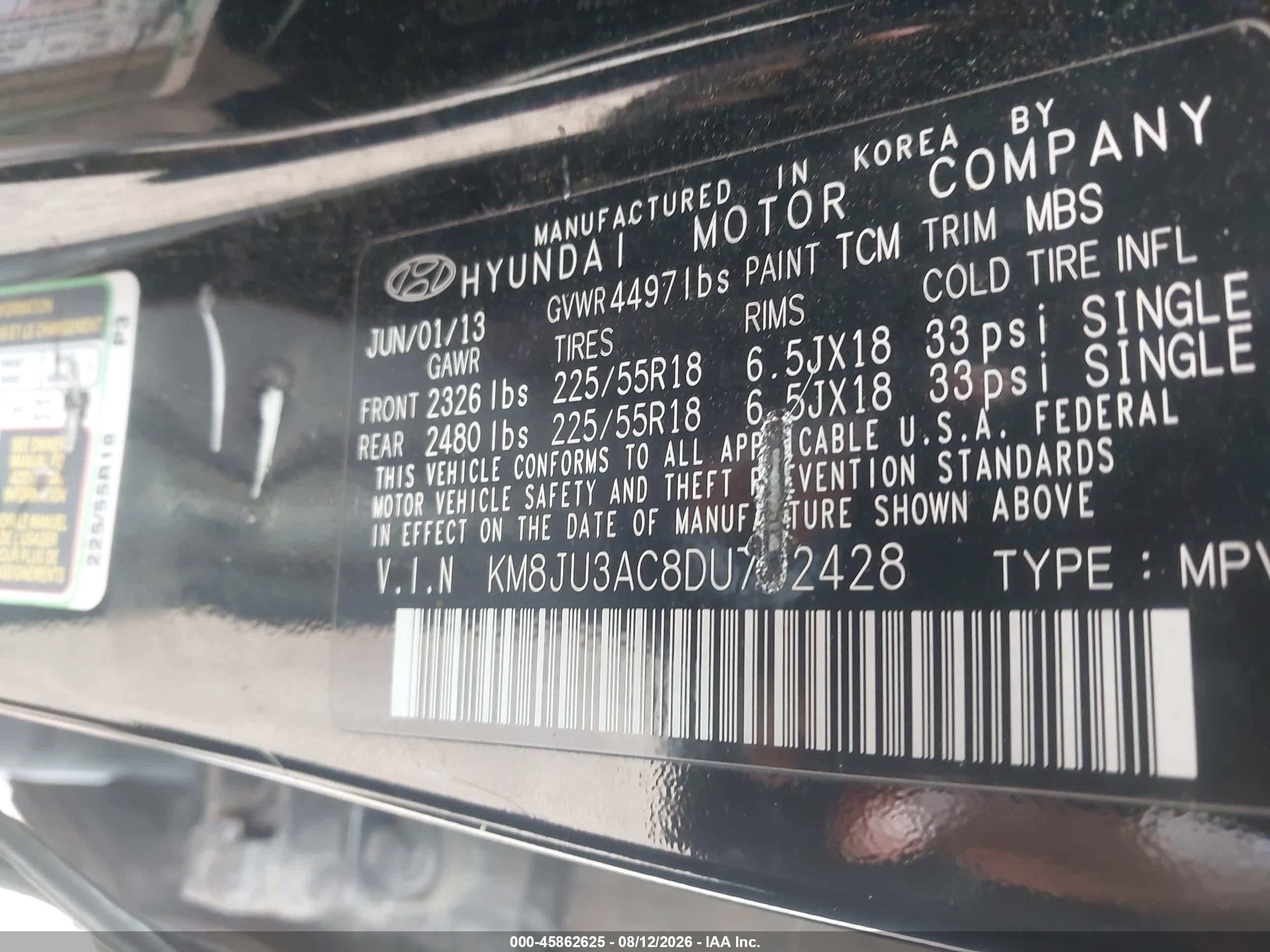 2013 Hyundai Tucson Limited Black vin: KM8JU3AC8DU752428