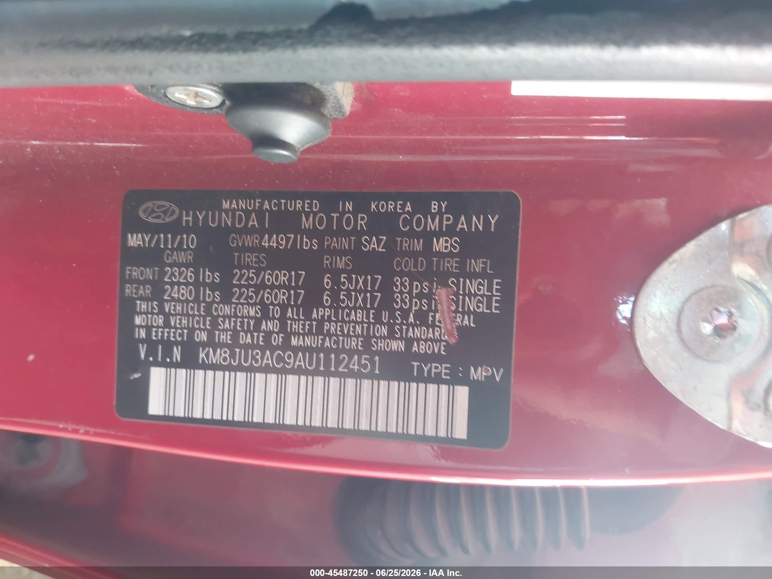 2010 Hyundai Tucson Gls Red vin: KM8JU3AC9AU112451