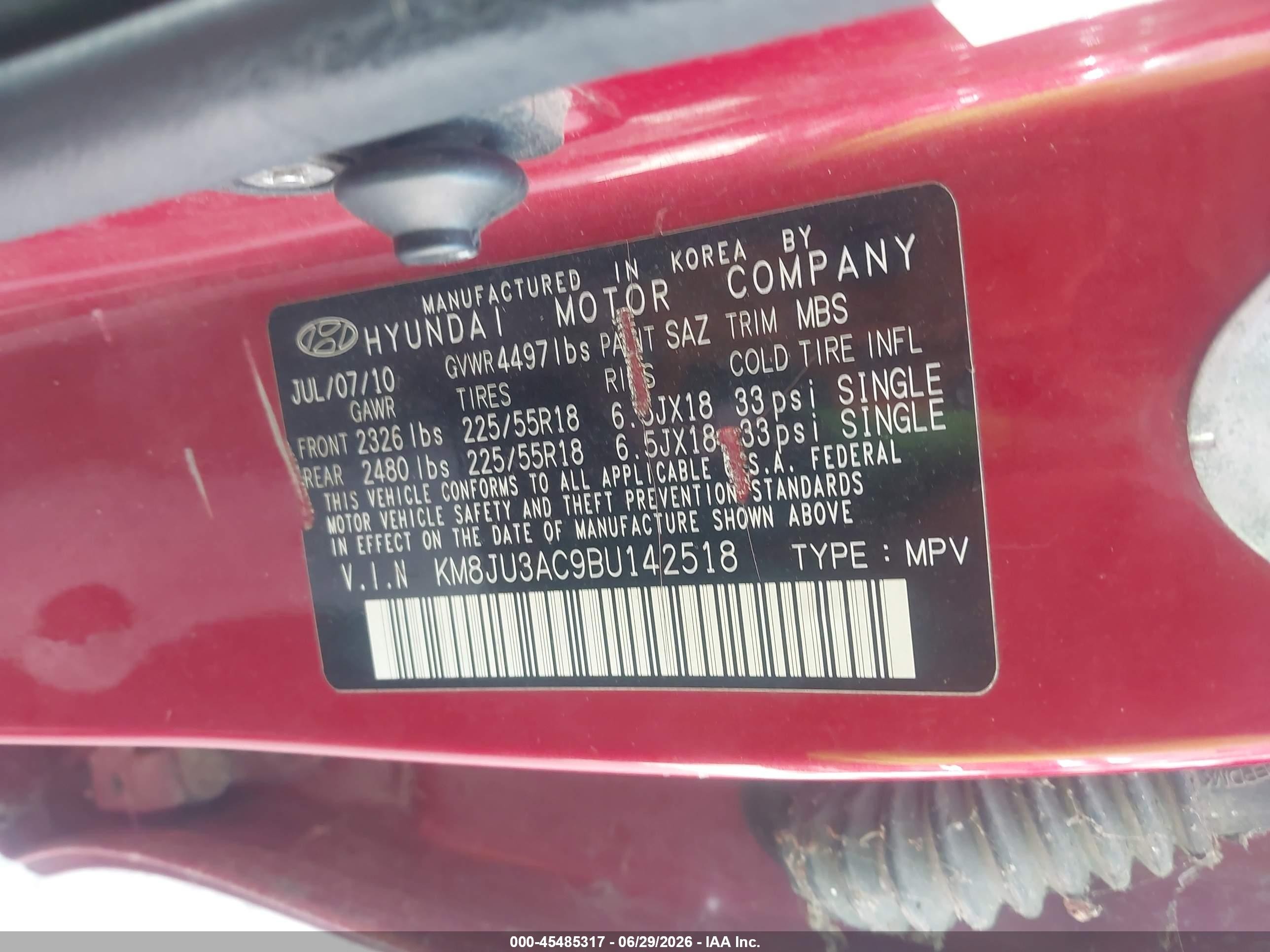 2011 Hyundai Tucson Limited Red vin: KM8JU3AC9BU142518