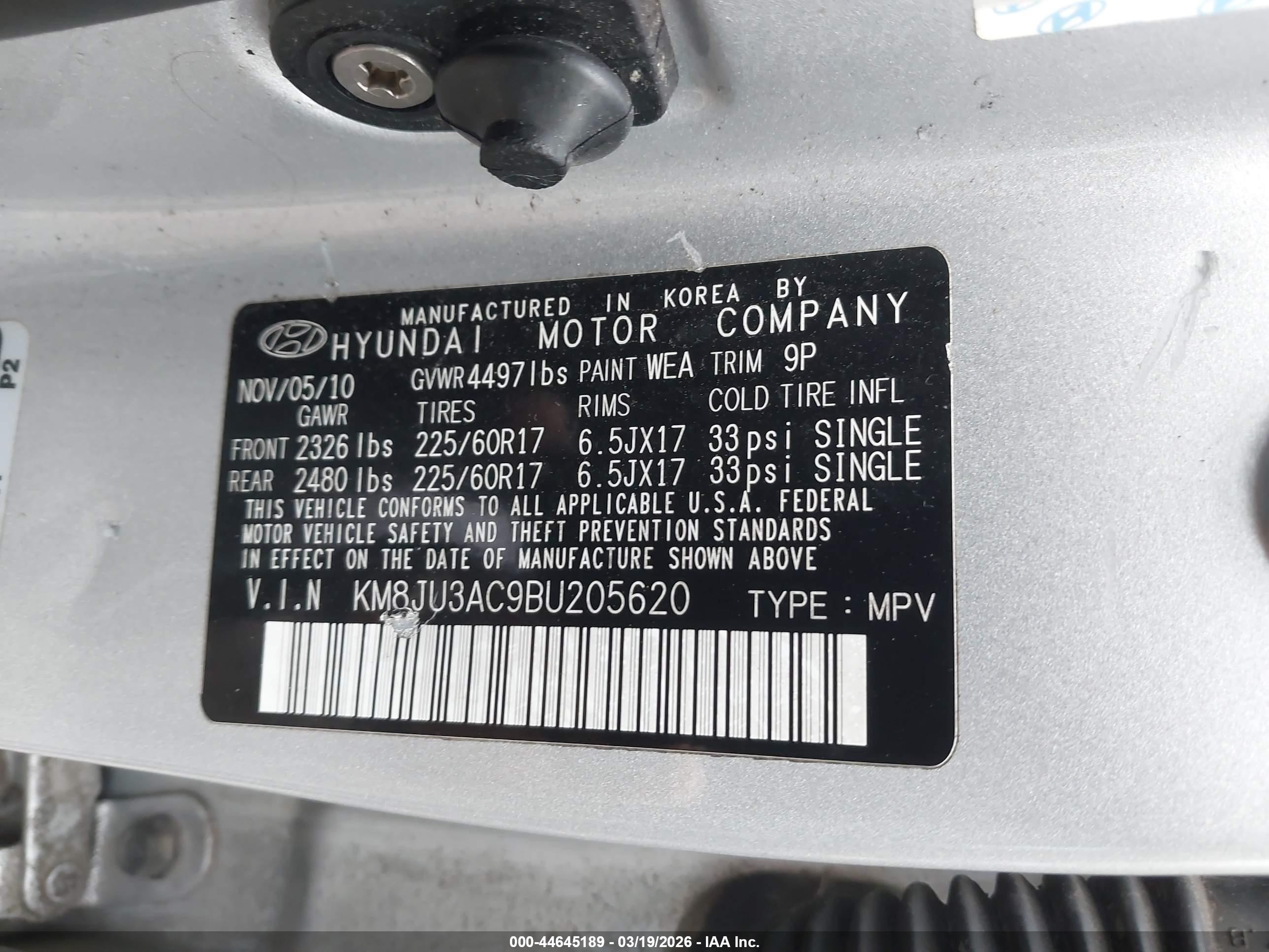 2011 Hyundai Tucson Gls Silver vin: KM8JU3AC9BU205620