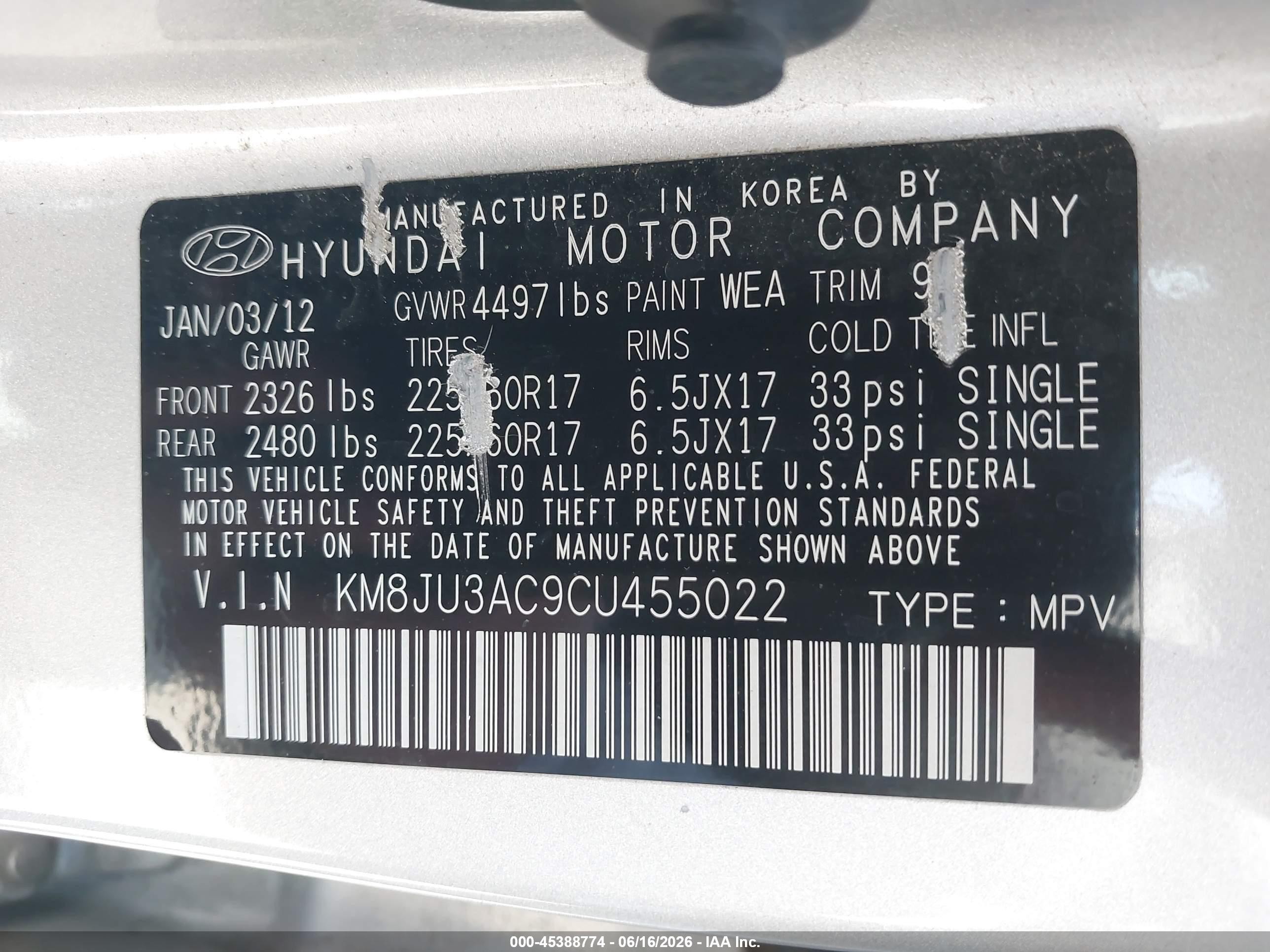 2012 Hyundai Tucson Gls Silver vin: KM8JU3AC9CU455022