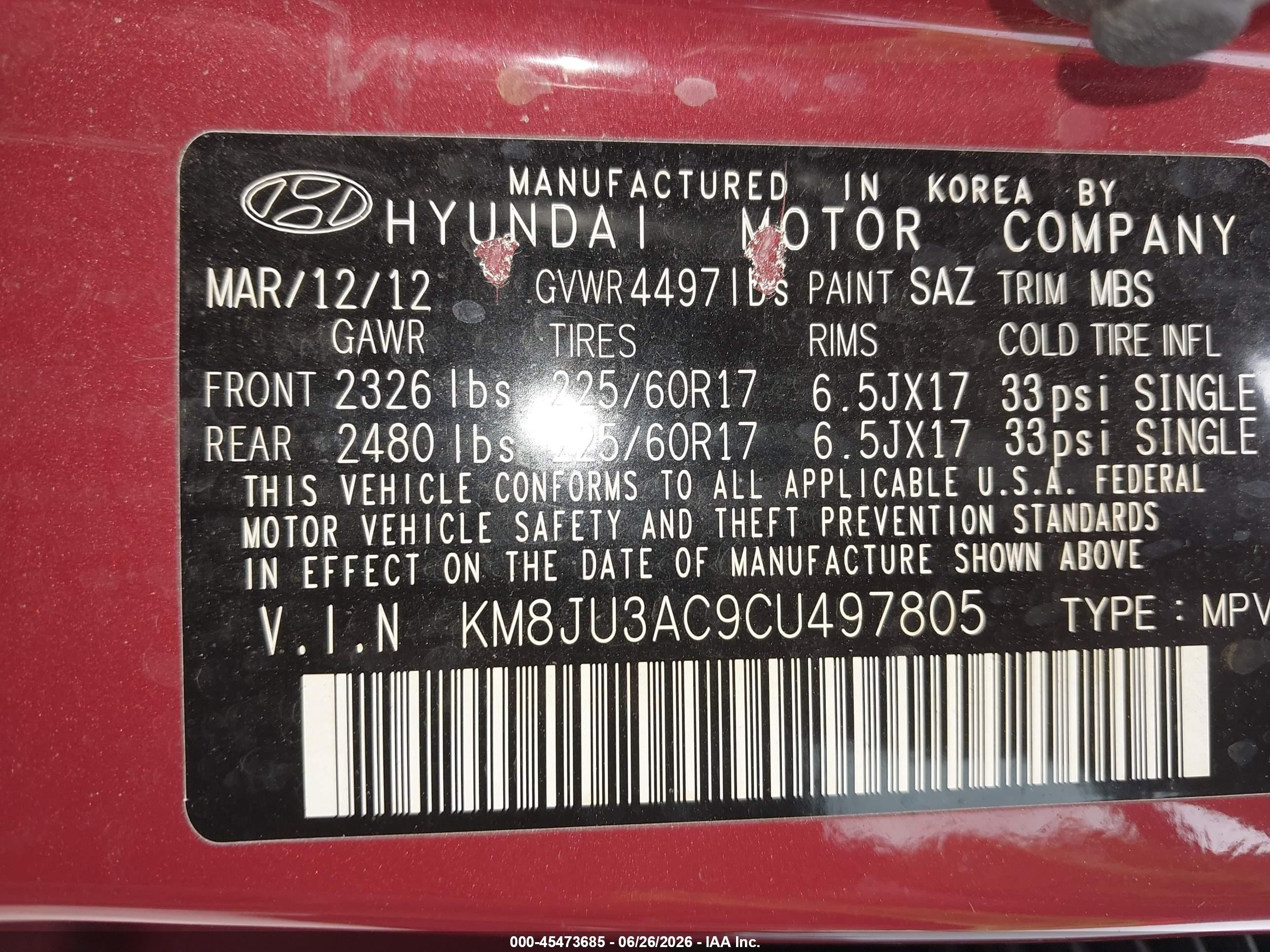 2012 Hyundai Tucson Gls Red vin: KM8JU3AC9CU497805