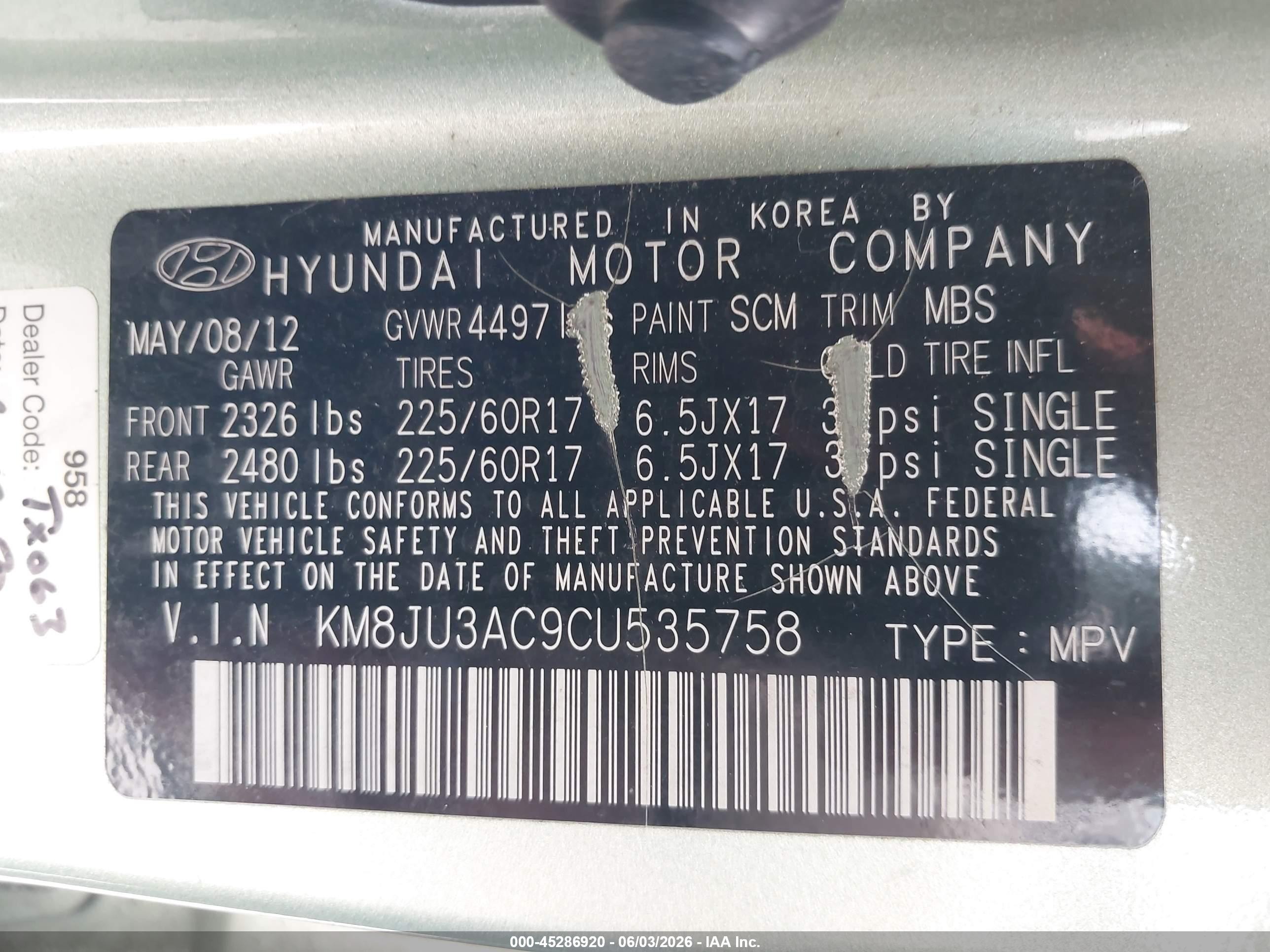 2012 Hyundai Tucson Gls Green vin: KM8JU3AC9CU535758