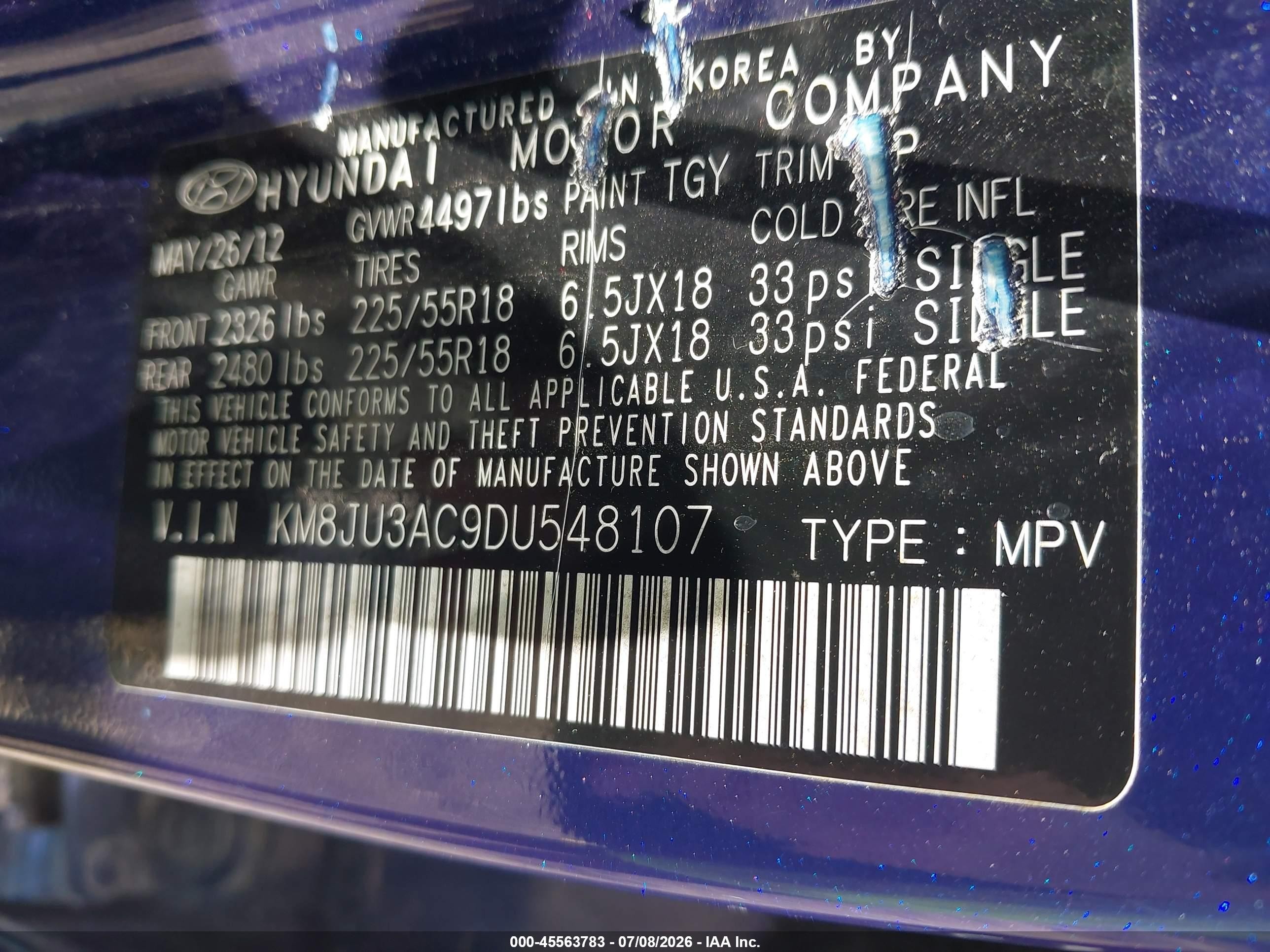 2013 Hyundai Tucson Limited Blue vin: KM8JU3AC9DU548107