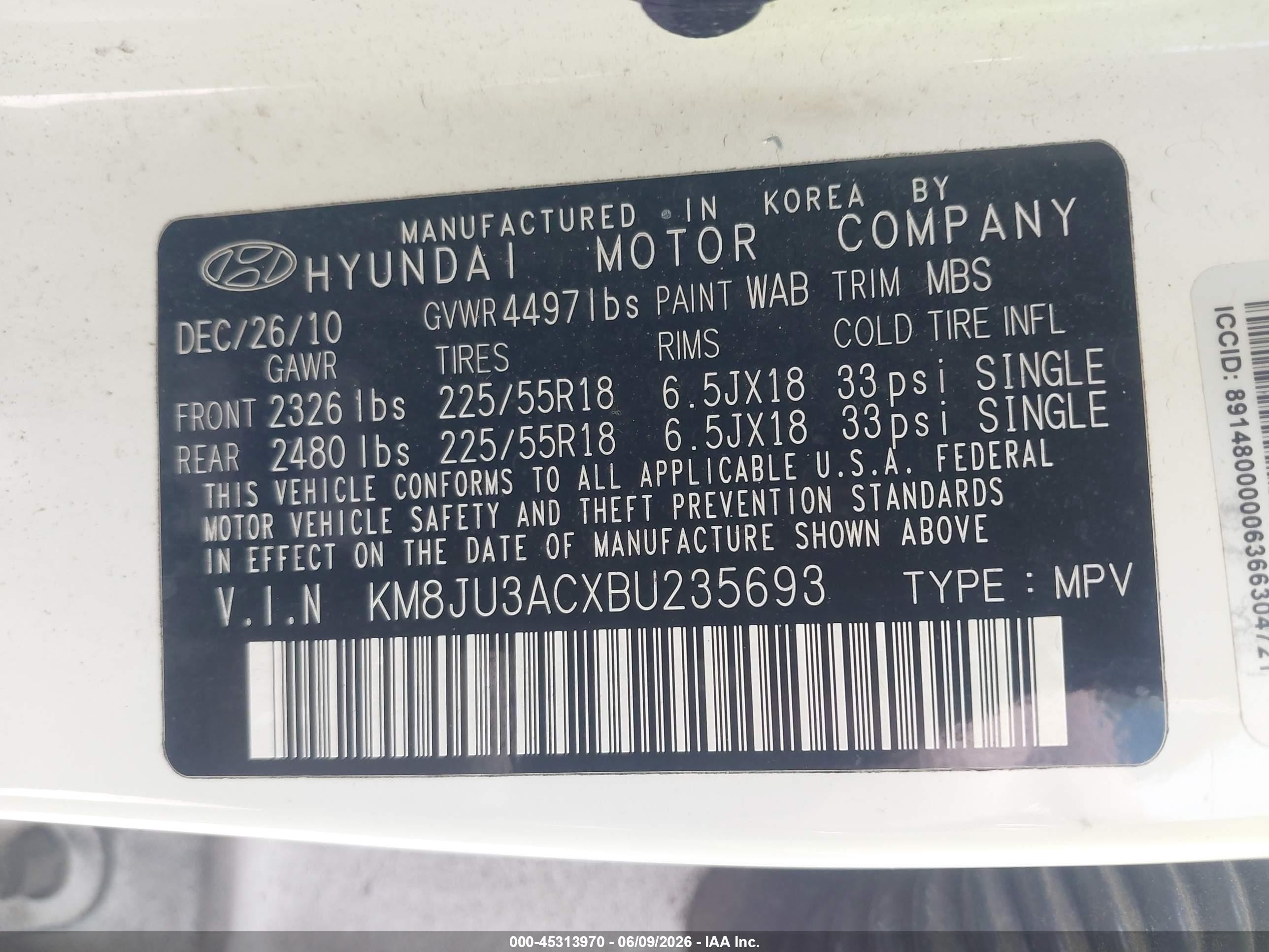 2011 Hyundai Tucson Limited White vin: KM8JU3ACXBU235693