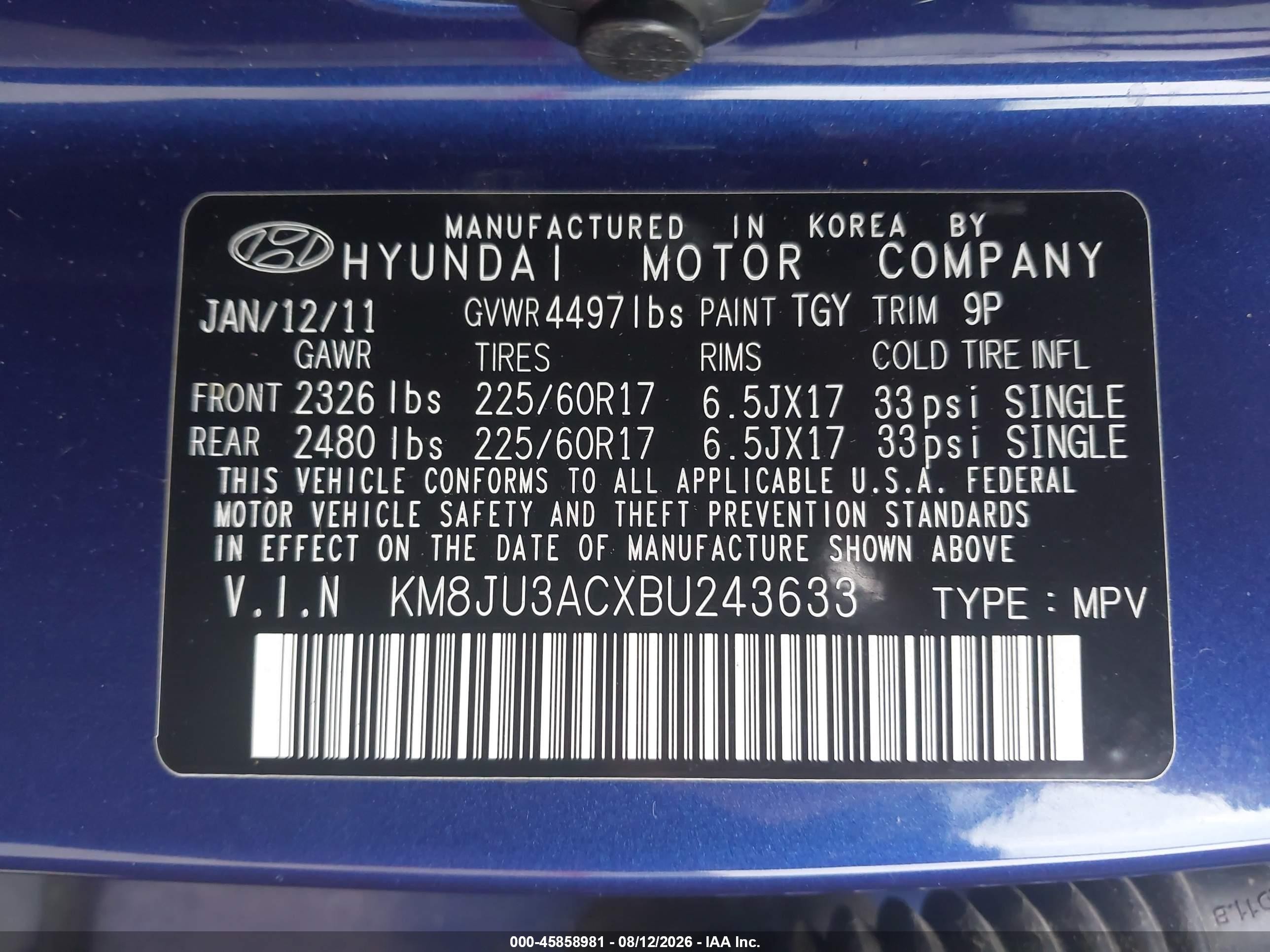 2011 Hyundai Tucson Gls Синий vin: KM8JU3ACXBU243633