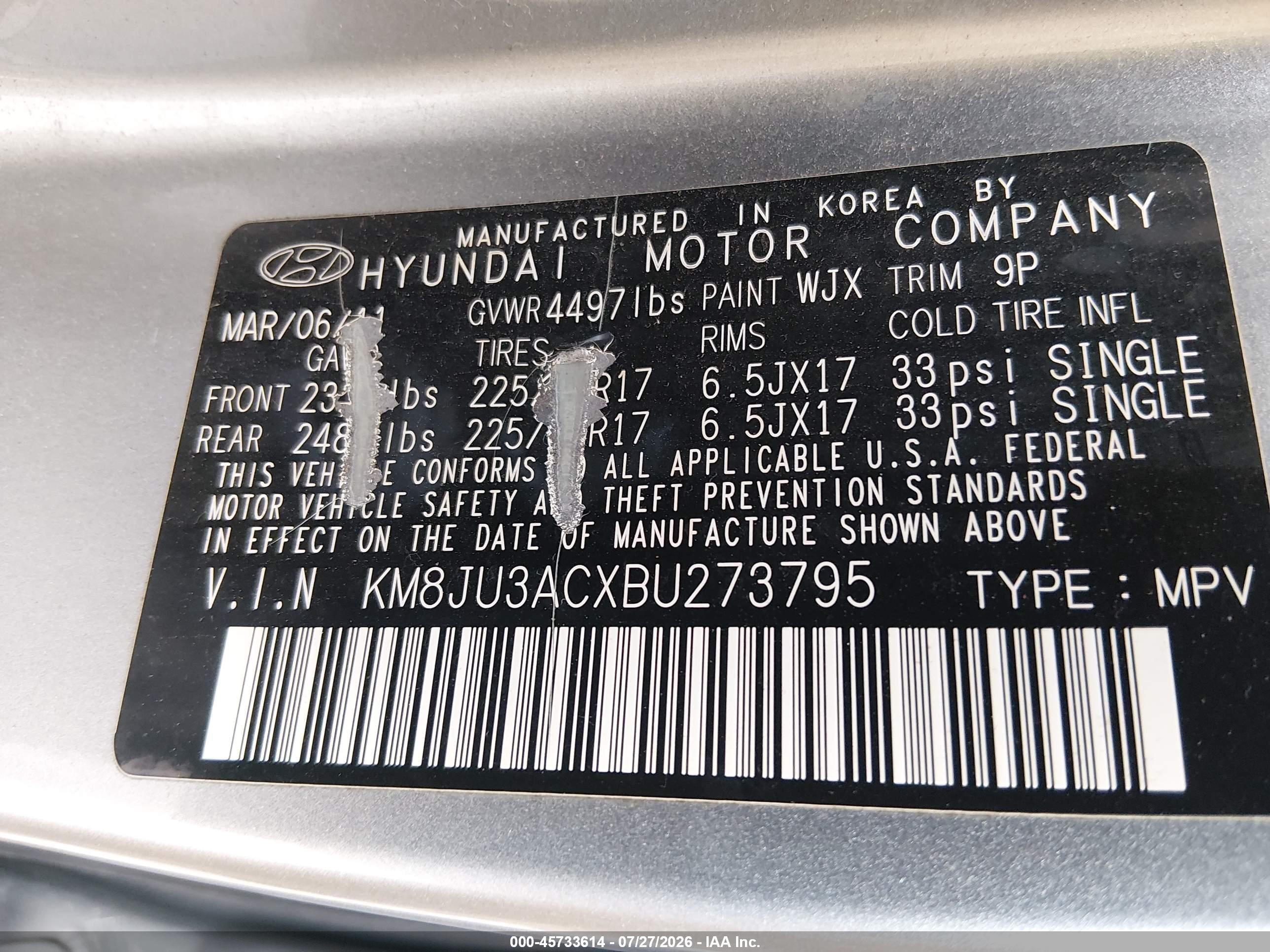 2011 Hyundai Tucson Gls Серебряный vin: KM8JU3ACXBU273795