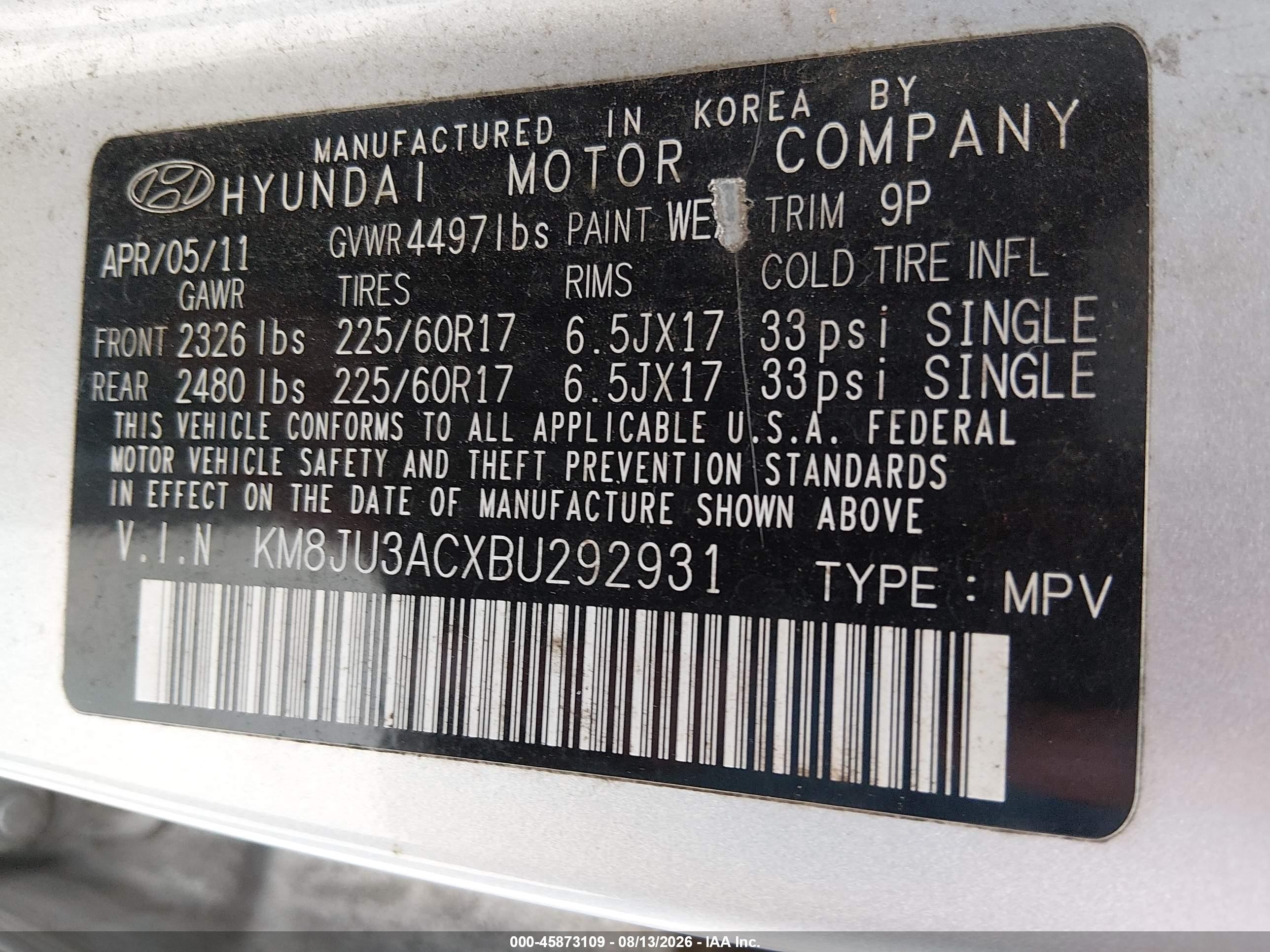 2011 Hyundai Tucson Gls Gray vin: KM8JU3ACXBU292931
