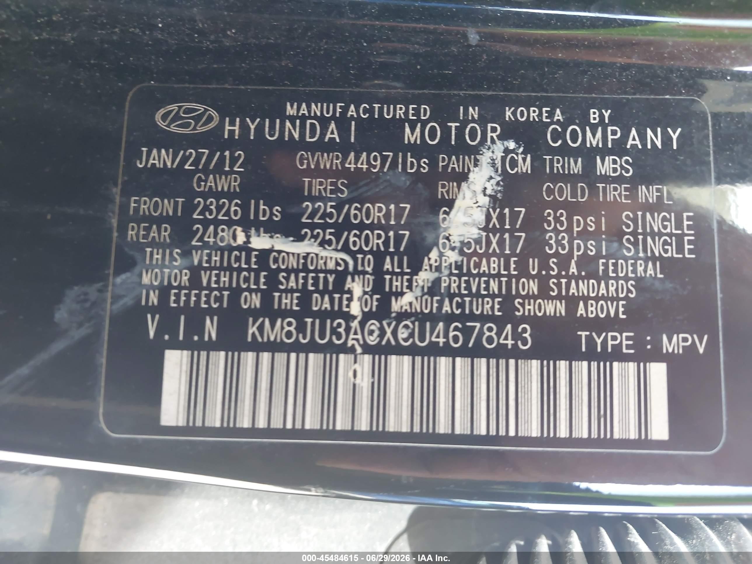 2012 Hyundai Tucson Gls Black vin: KM8JU3ACXCU467843