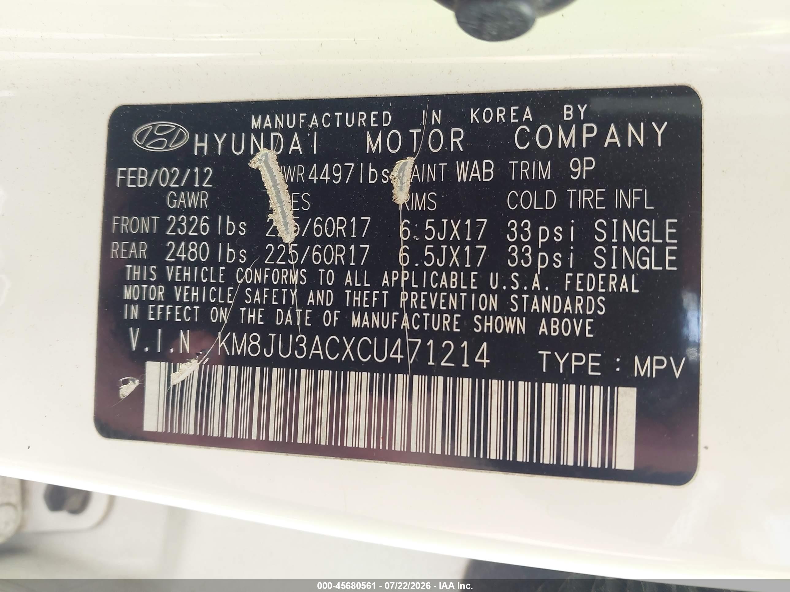 2012 Hyundai Tucson Gls White vin: KM8JU3ACXCU471214