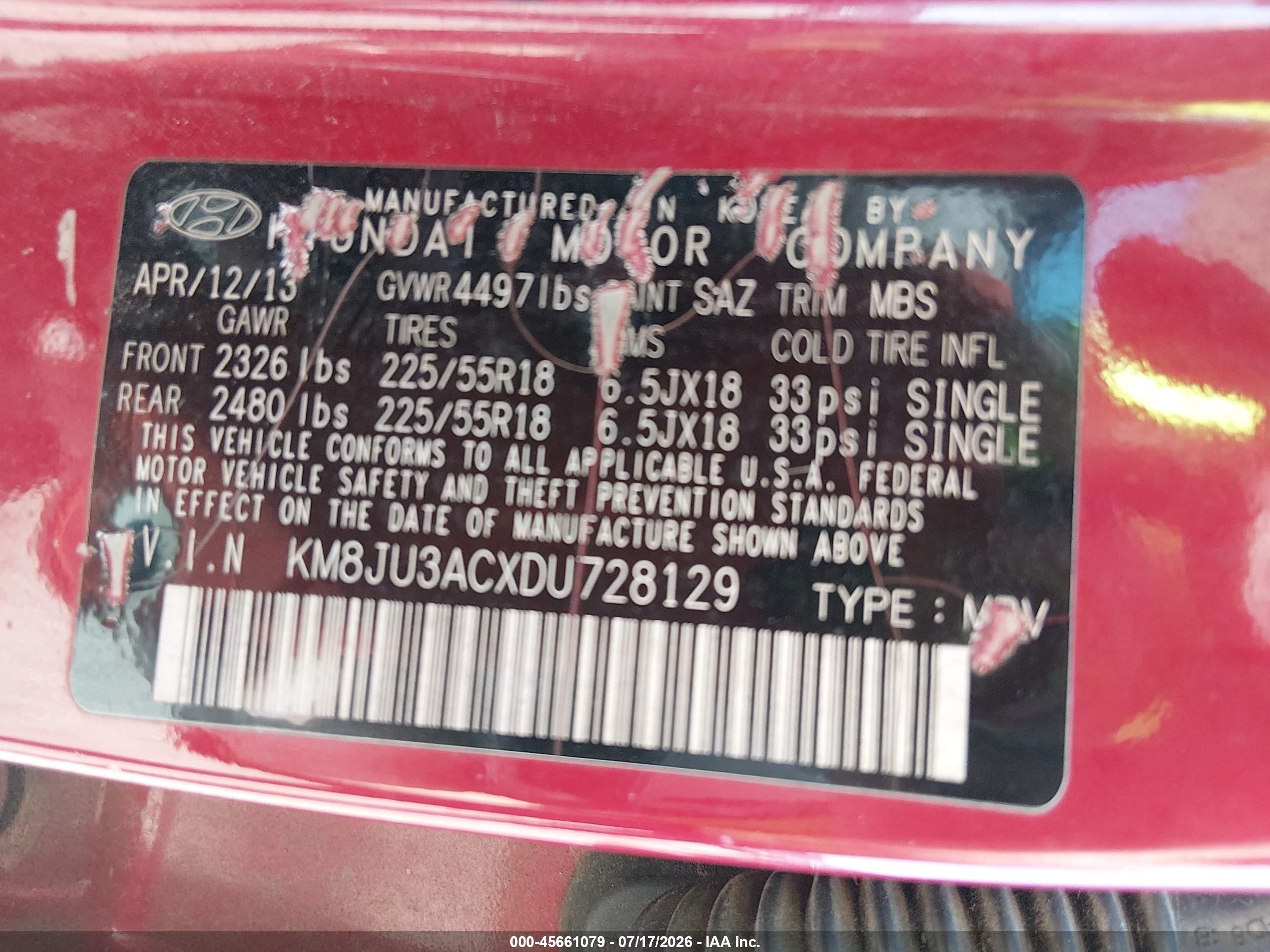 2013 Hyundai Tucson Limited Red vin: KM8JU3ACXDU728129