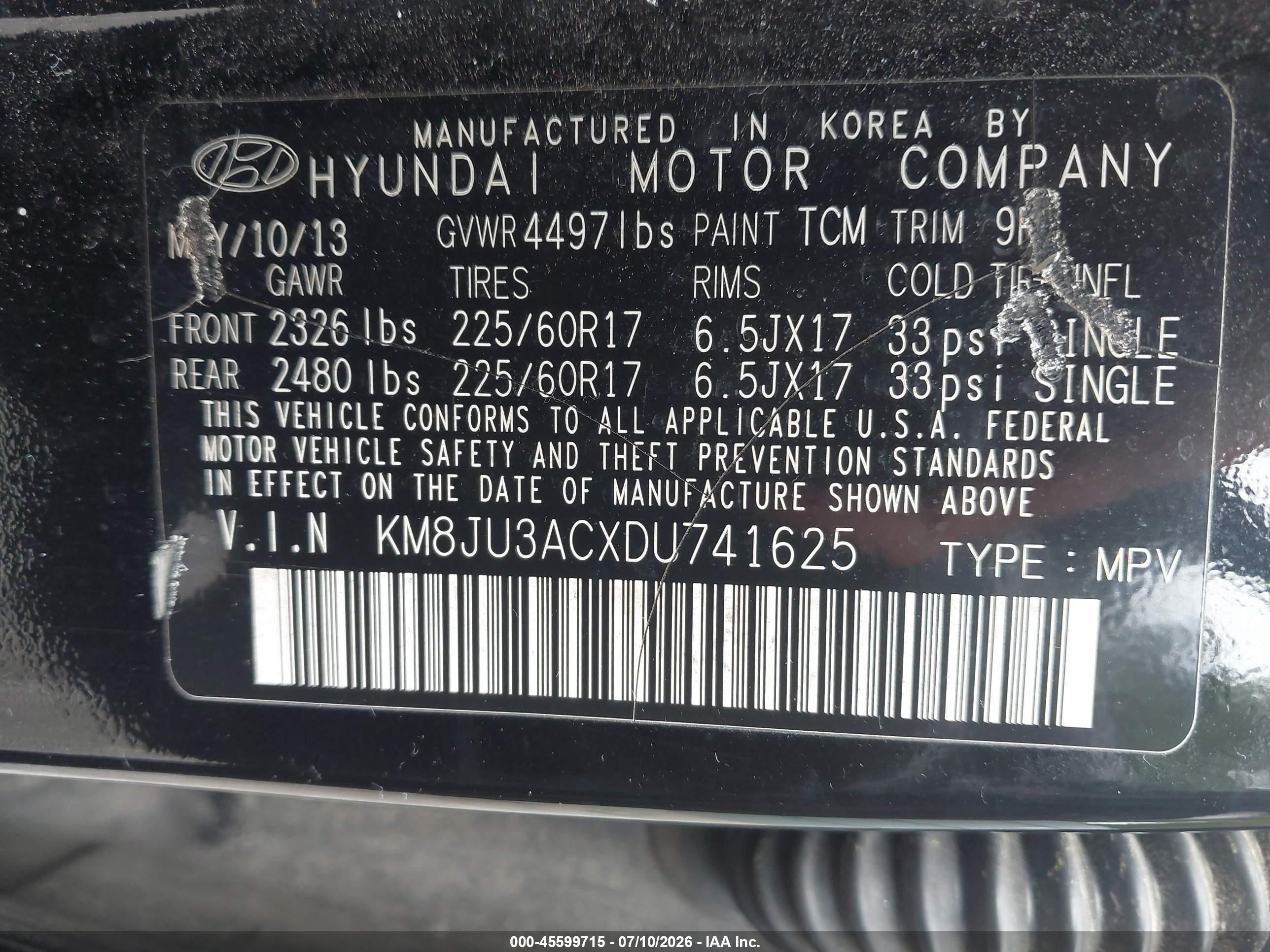 2013 Hyundai Tucson Gls Black vin: KM8JU3ACXDU741625